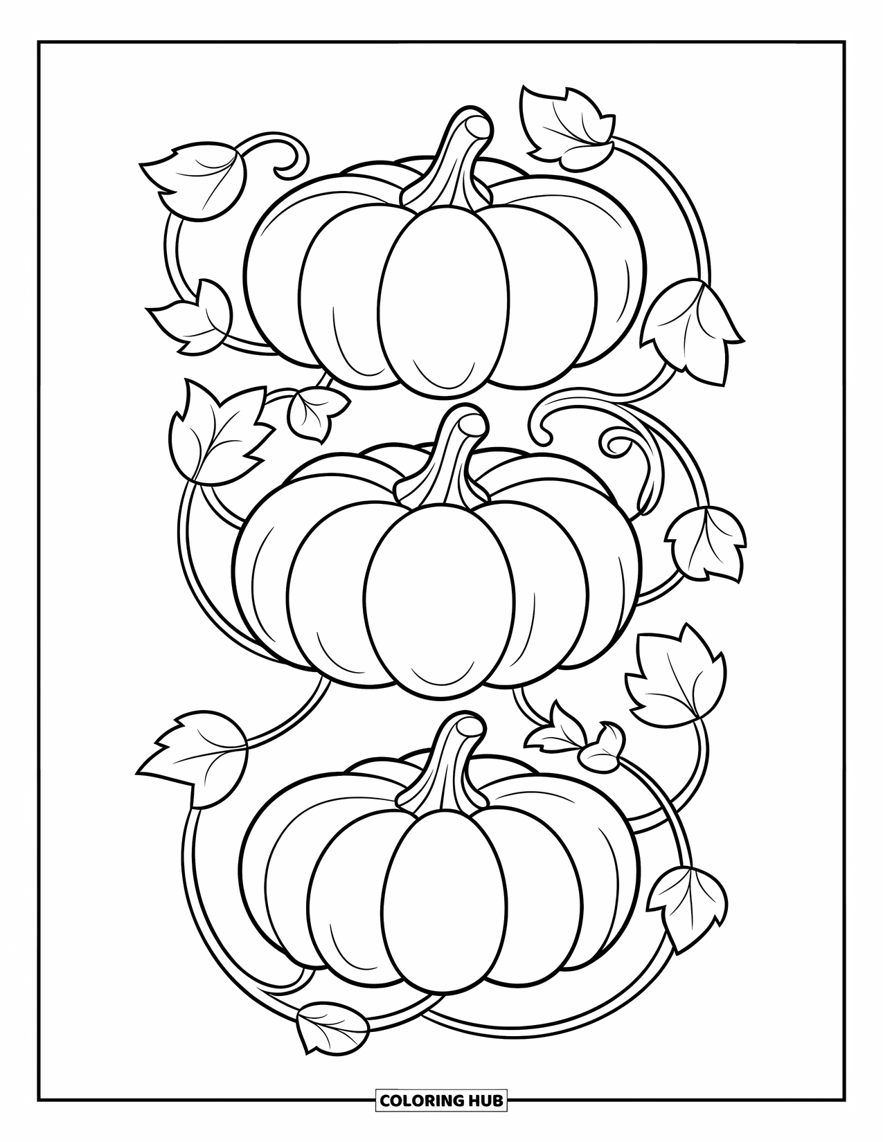 Coloriage de citrouille pour enfants : Arrangement en spirale de trois citrouilles entrelacées avec des vignes détaillées