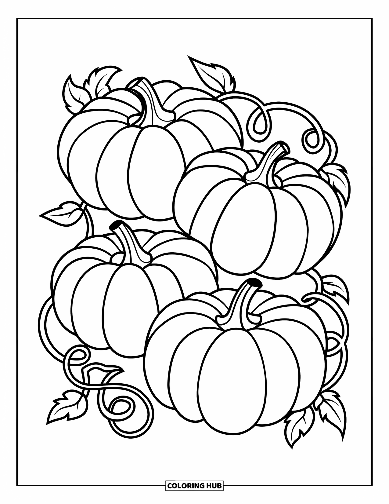Coloriage de citrouille pour enfants : Trois citrouilles dans un motif en spirale reliées par des vignes torsadées