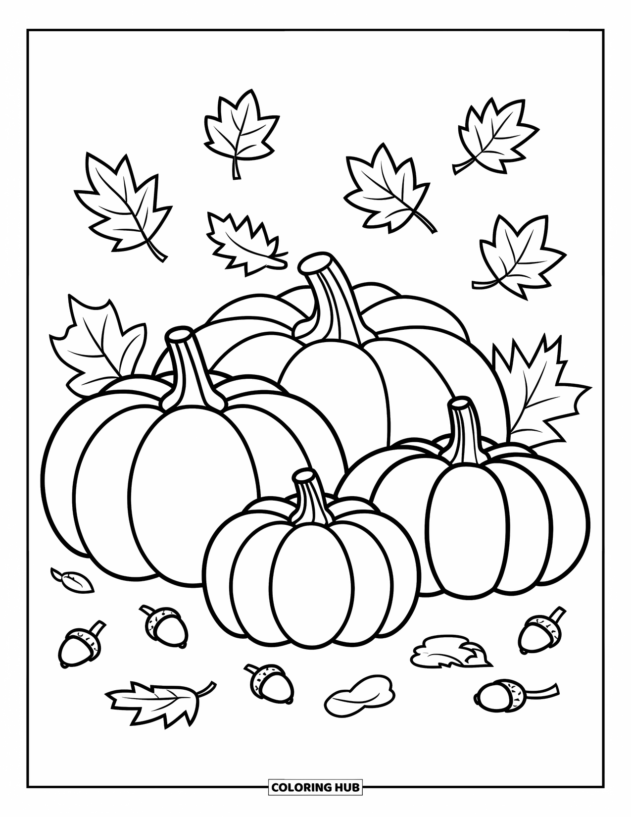 Coloriage de citrouille pour enfants : Trois citrouilles avec des glands éparpillés et des feuilles qui tombent autour