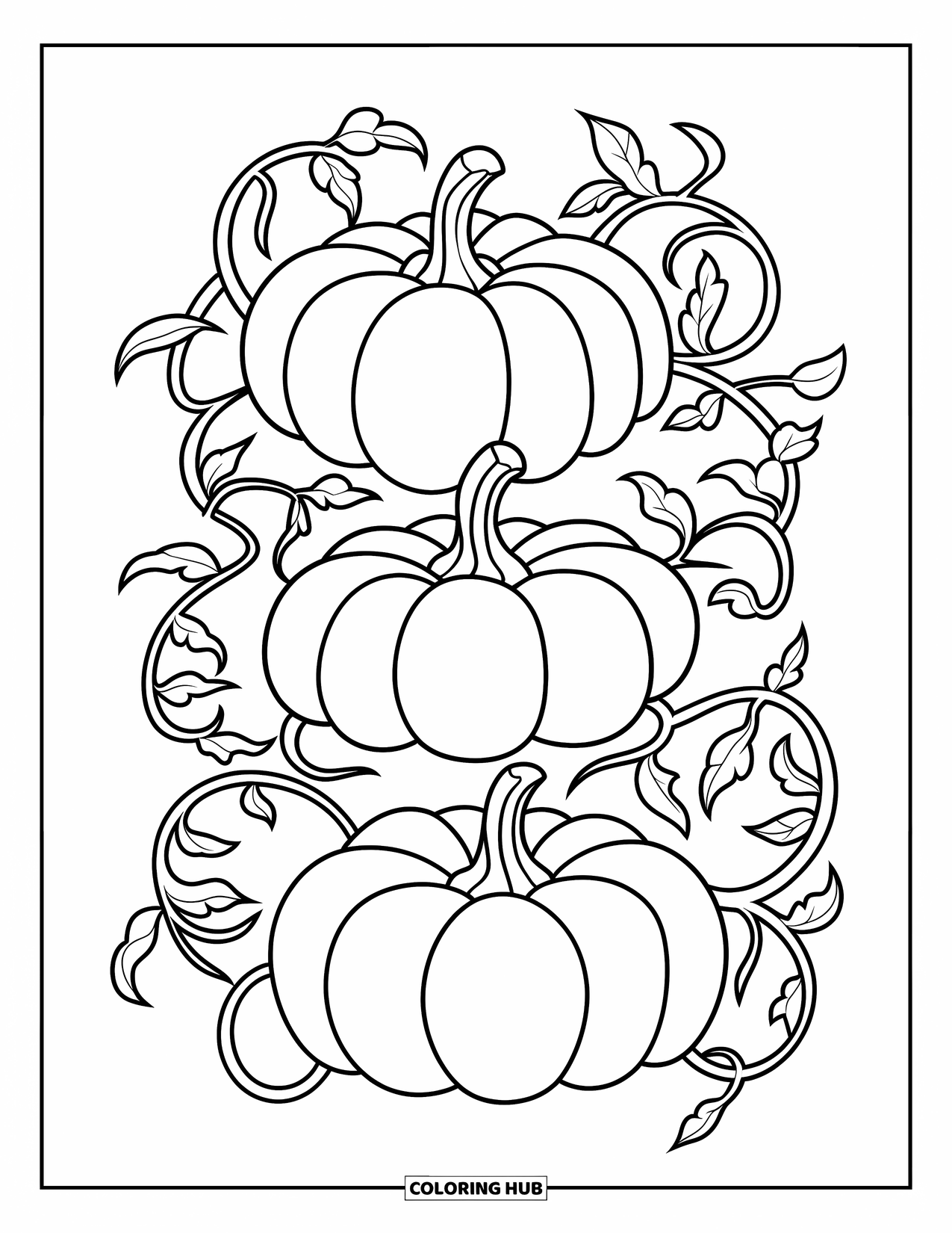 Coloriage de citrouille pour enfants : Trio de citrouilles disposées en spirale avec des vignes détaillées entrelacées