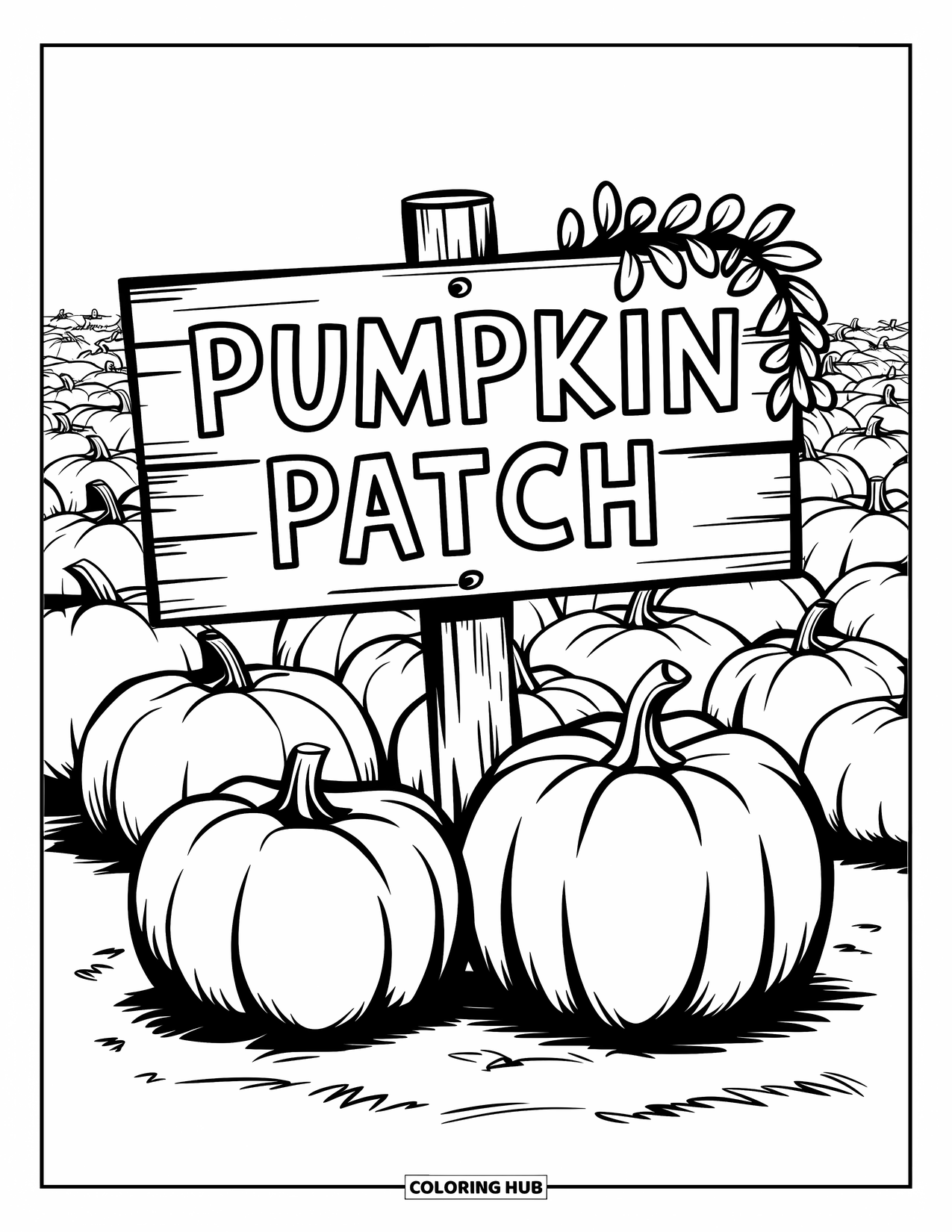 Coloriage de citrouille pour enfants : Deux citrouilles sur le sol sous un panneau « Coin des citrouilles » avec de la verdure à proximité