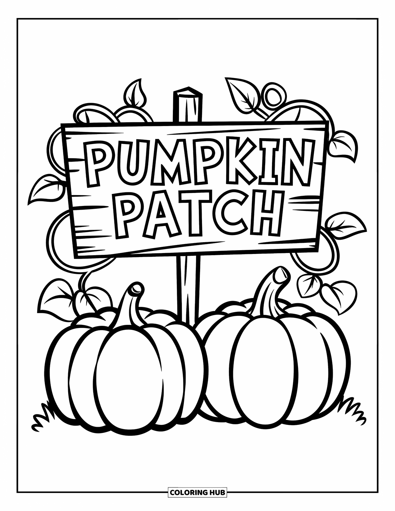 Coloriage de citrouille pour enfants : Deux citrouilles sous un panneau « Coin des citrouilles » avec un sol herbeux et des vignes éparpillées