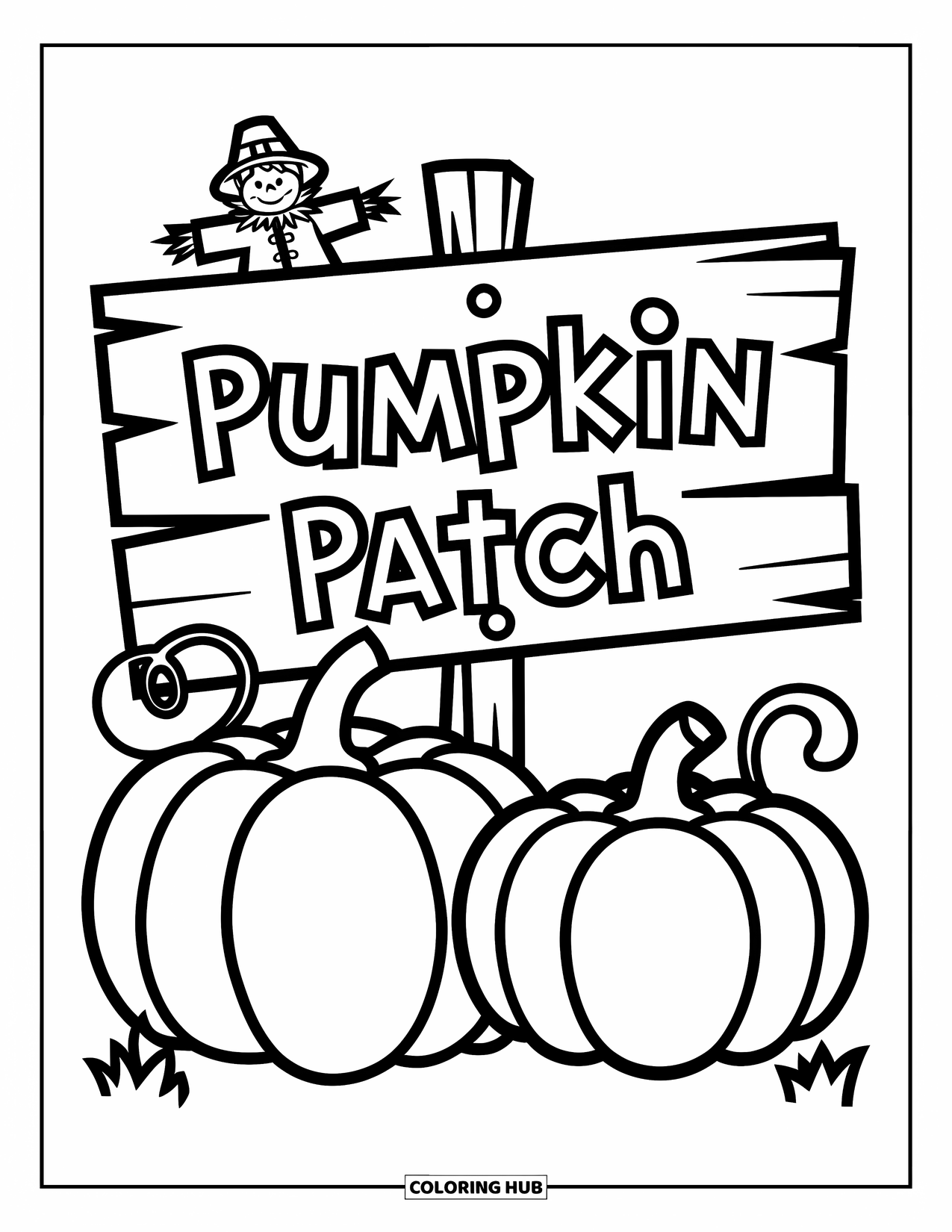 Coloriage de citrouille pour enfants : Deux citrouilles sous un panneau en bois « Coin des citrouilles » avec un épouvantail en arrière-plan
