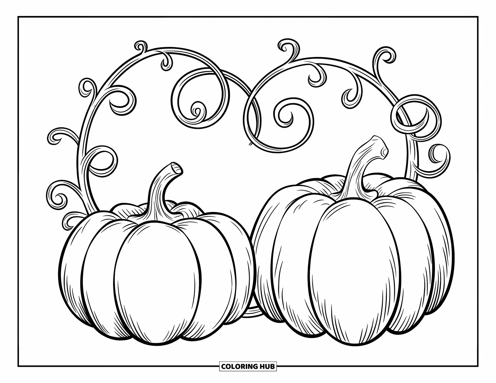 Coloriage de citrouille pour enfants : Deux citrouilles avec des vignes en forme de cœur et des visages expressifs et souriants