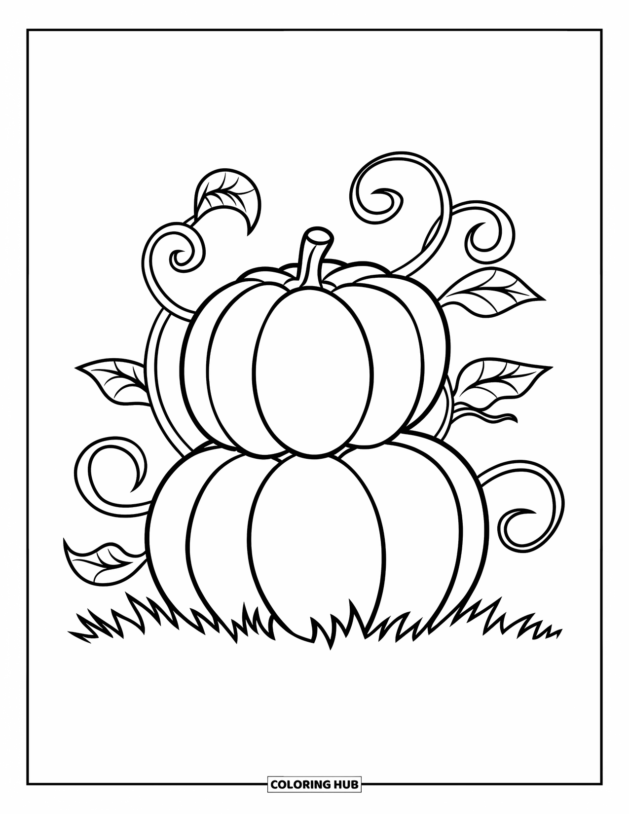 Coloriage de citrouille pour enfants : Deux citrouilles empilées avec des feuilles sur des vignes tourbillonnantes autour