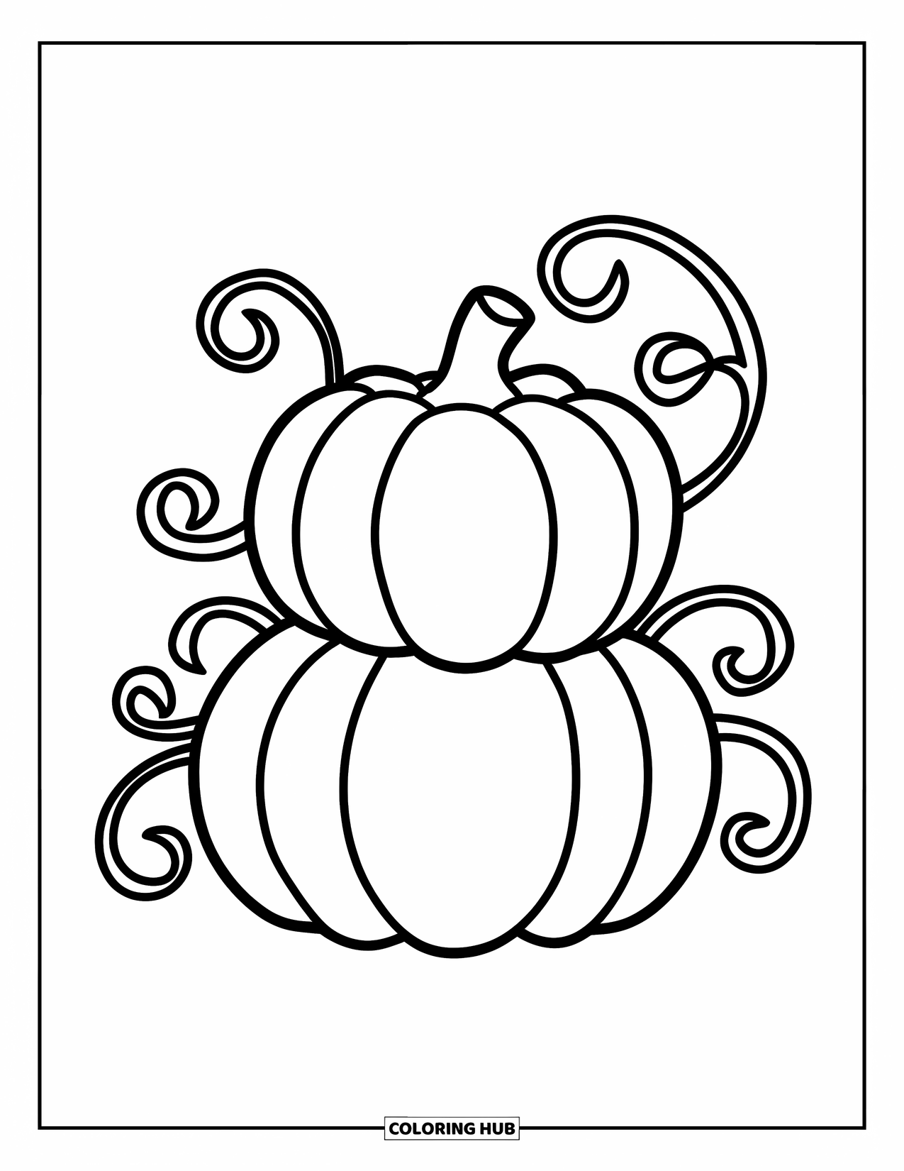 Coloriage de citrouille pour enfants : Deux citrouilles empilées avec de simples vignes tourbillonnantes autour