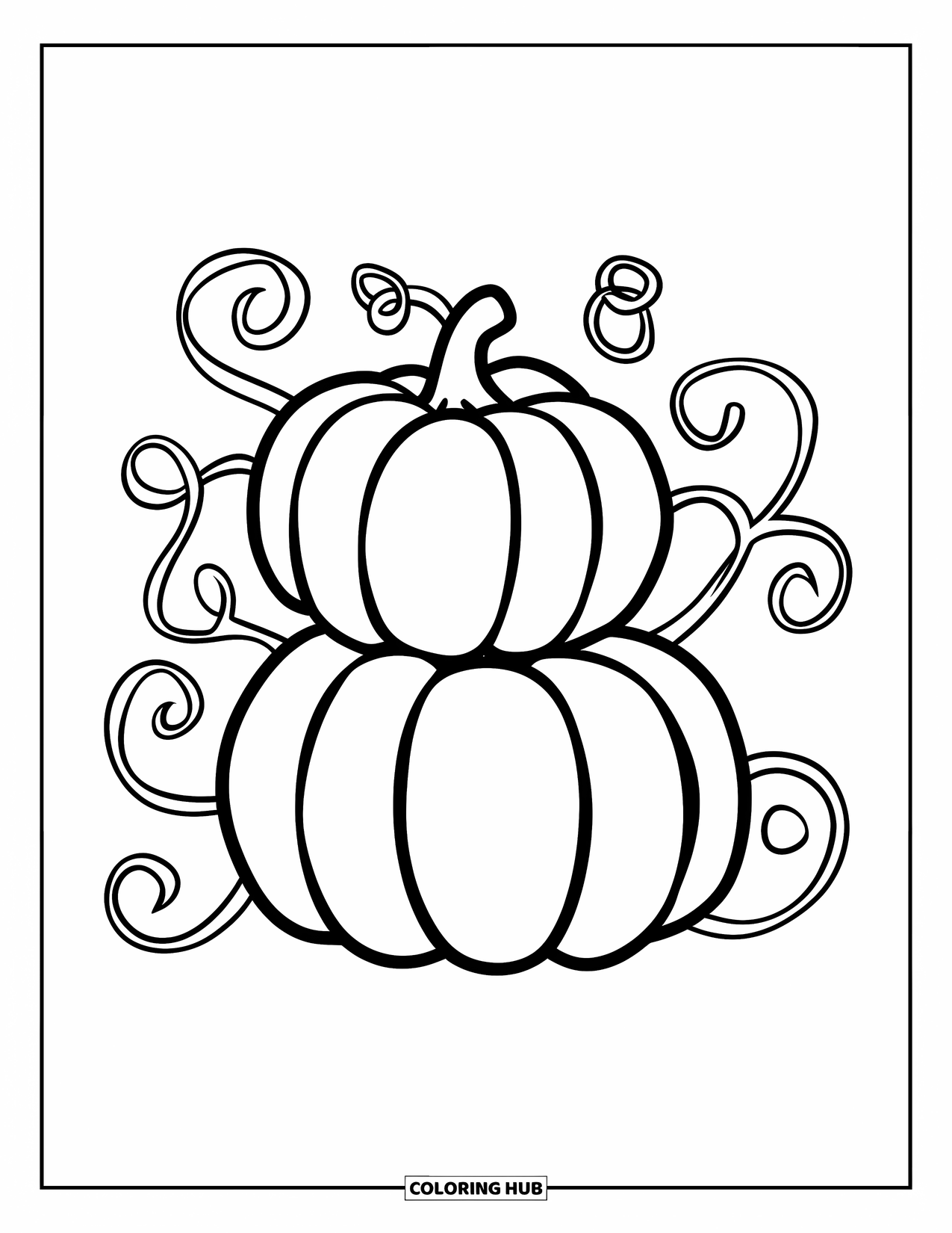 Coloriage de citrouille pour enfants : Deux citrouilles empilées avec de simples vignes tourbillonnantes autour