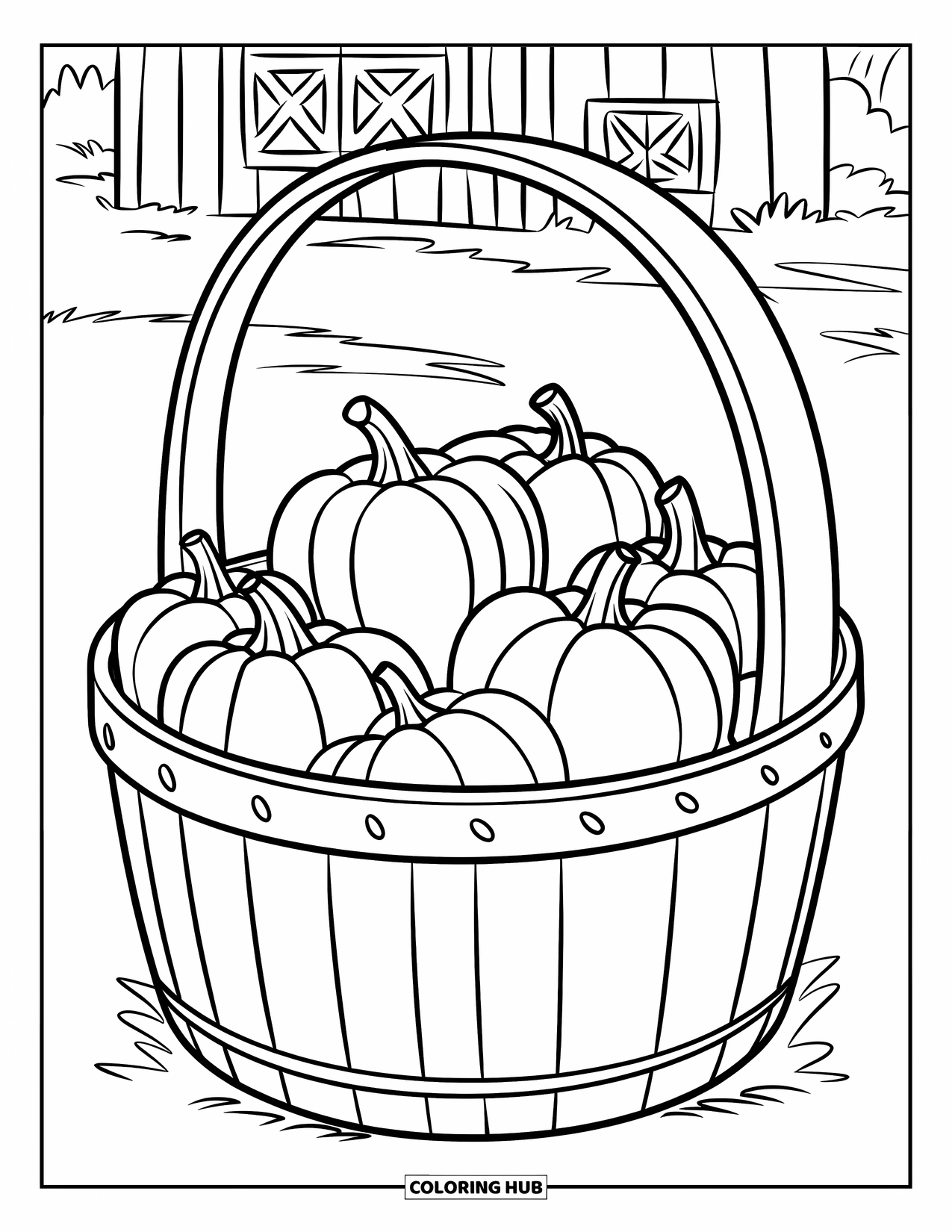 Coloriage de citrouille pour enfants : Panier en bois rempli de citrouilles placé sur le sol près d’une grange