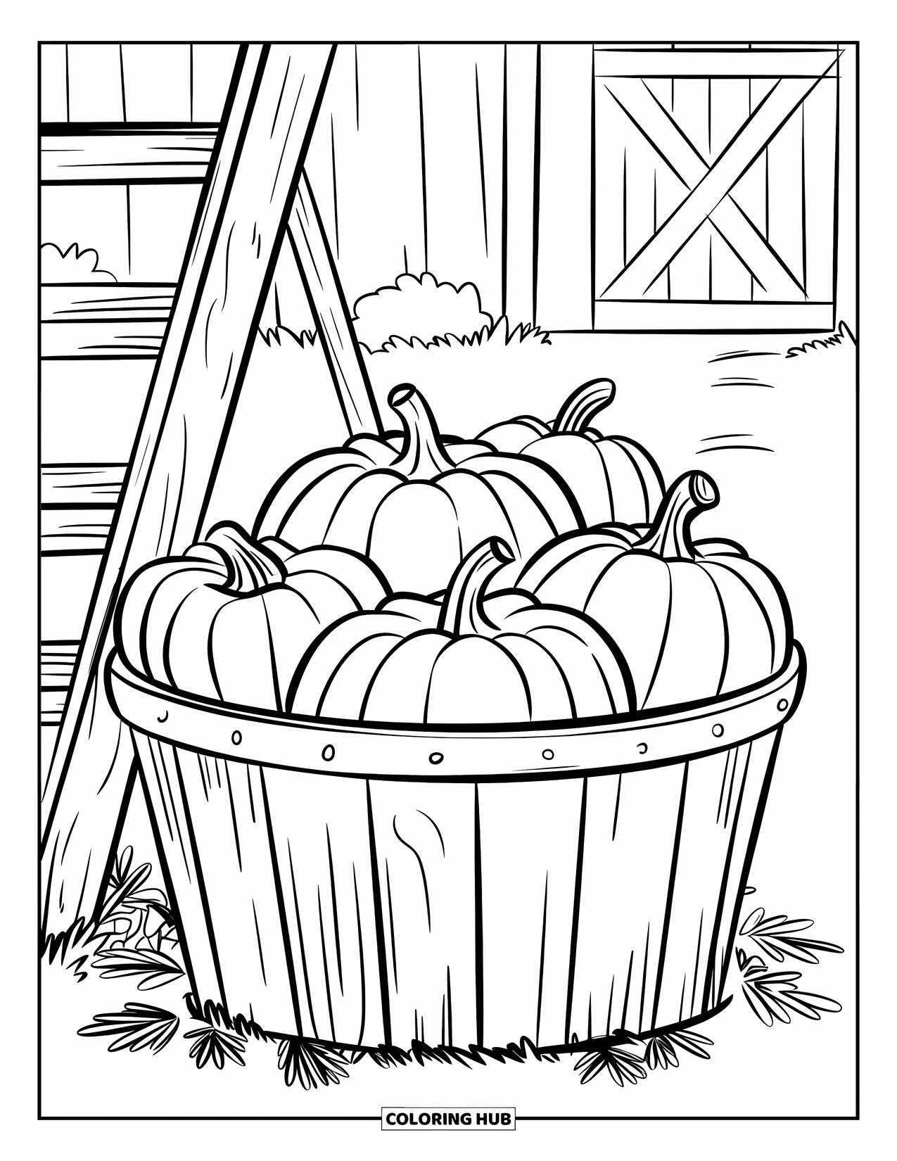 Coloriage de citrouille pour enfants : Panier en bois de citrouilles placé au pied d’une échelle près d’une grange rouge