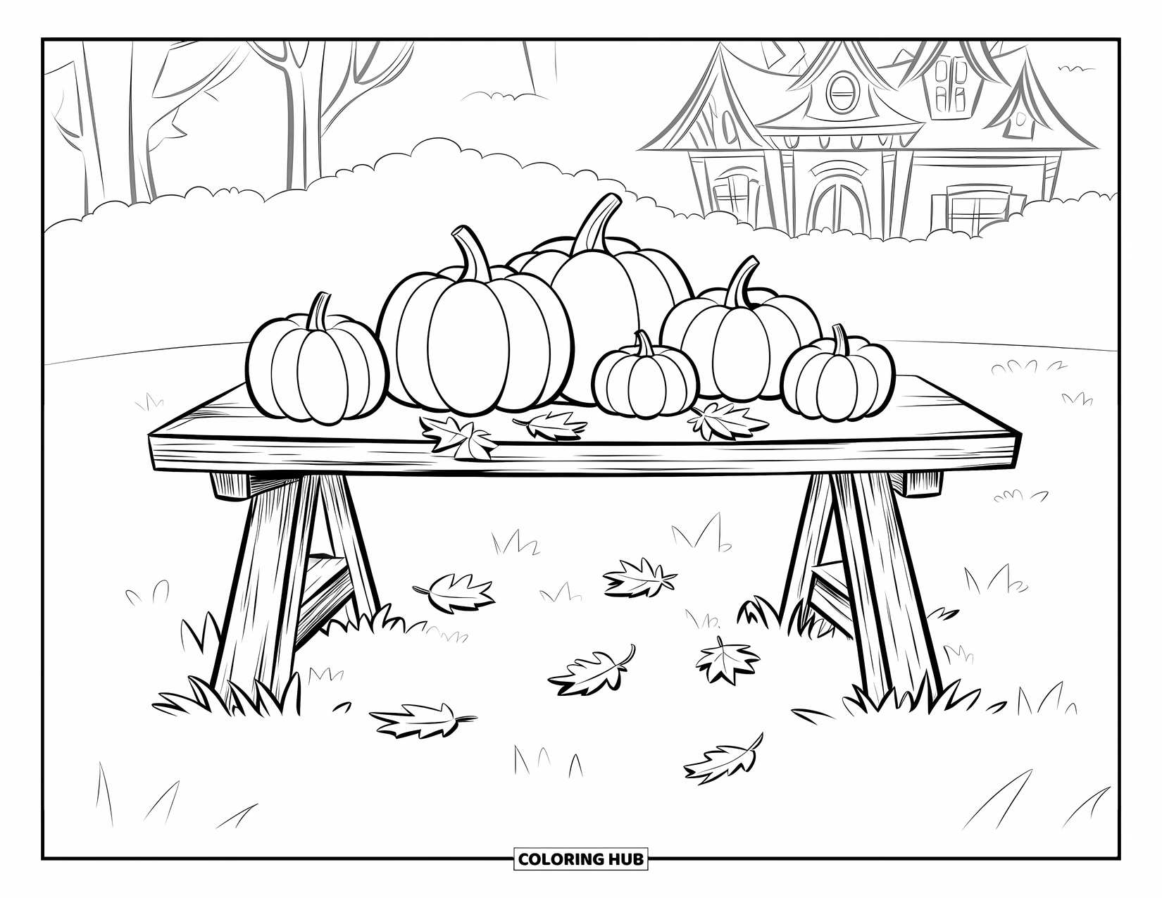 Coloriage de citrouille pour enfants : Table en bois avec des citrouilles et des feuilles, placée sur un sol herbeux près d’une maison hantée