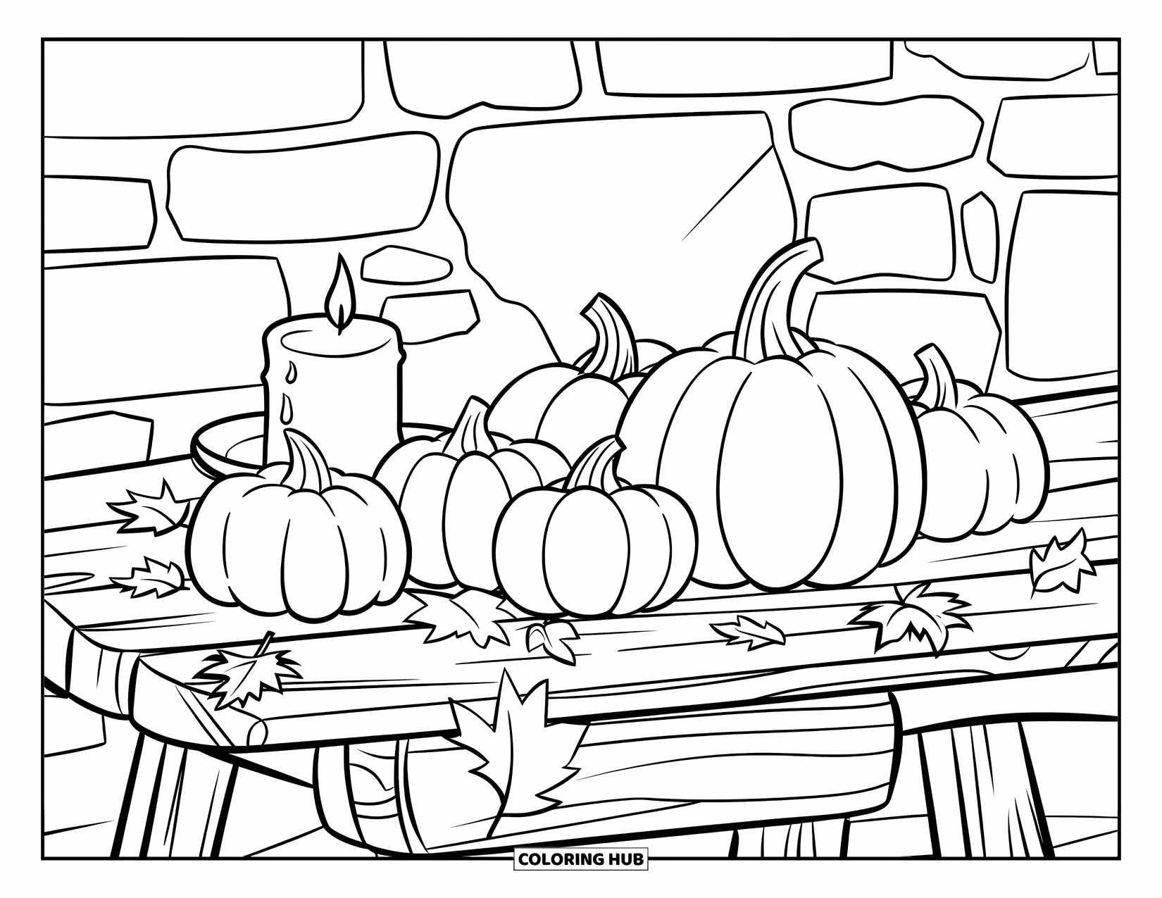 Coloriage de citrouille pour enfants : Table en bois avec des citrouilles, des feuilles de papier et une bougie contre un mur de pierre
