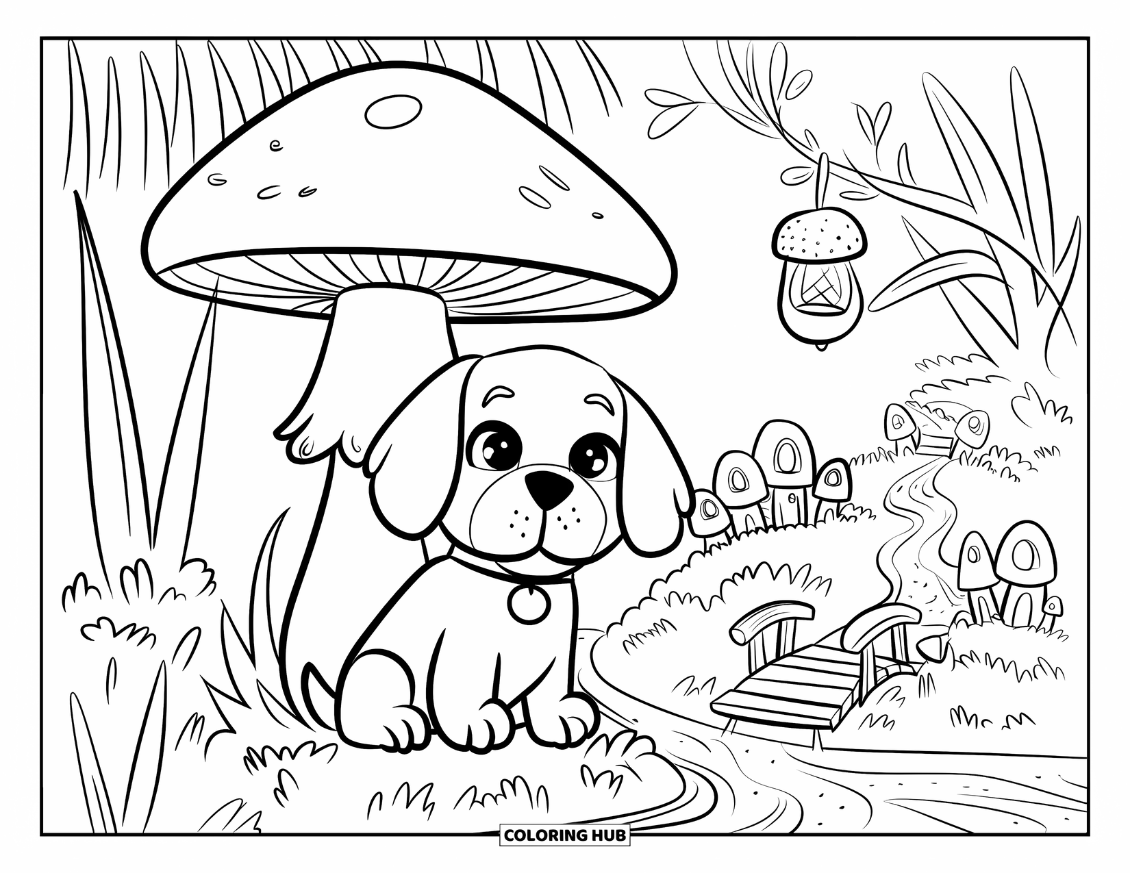 Puppy Coloring Page for Adults: A Beagle puppy in a fairy garden gazes at an acorn lantern hanging from a vine