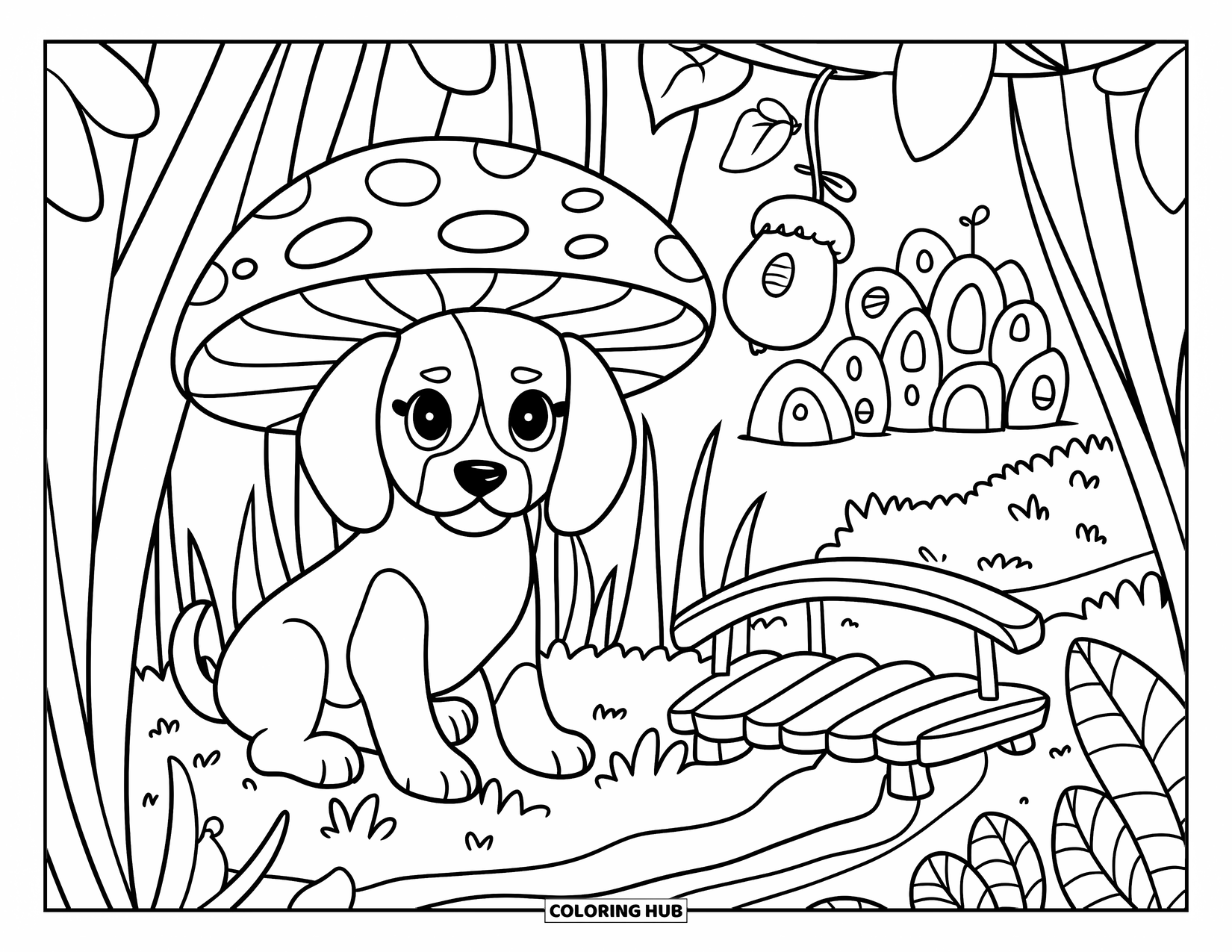 Puppy Coloring Page for Adults: A Beagle puppy rests under a mushroom, watching a tiny wooden bridge nearby