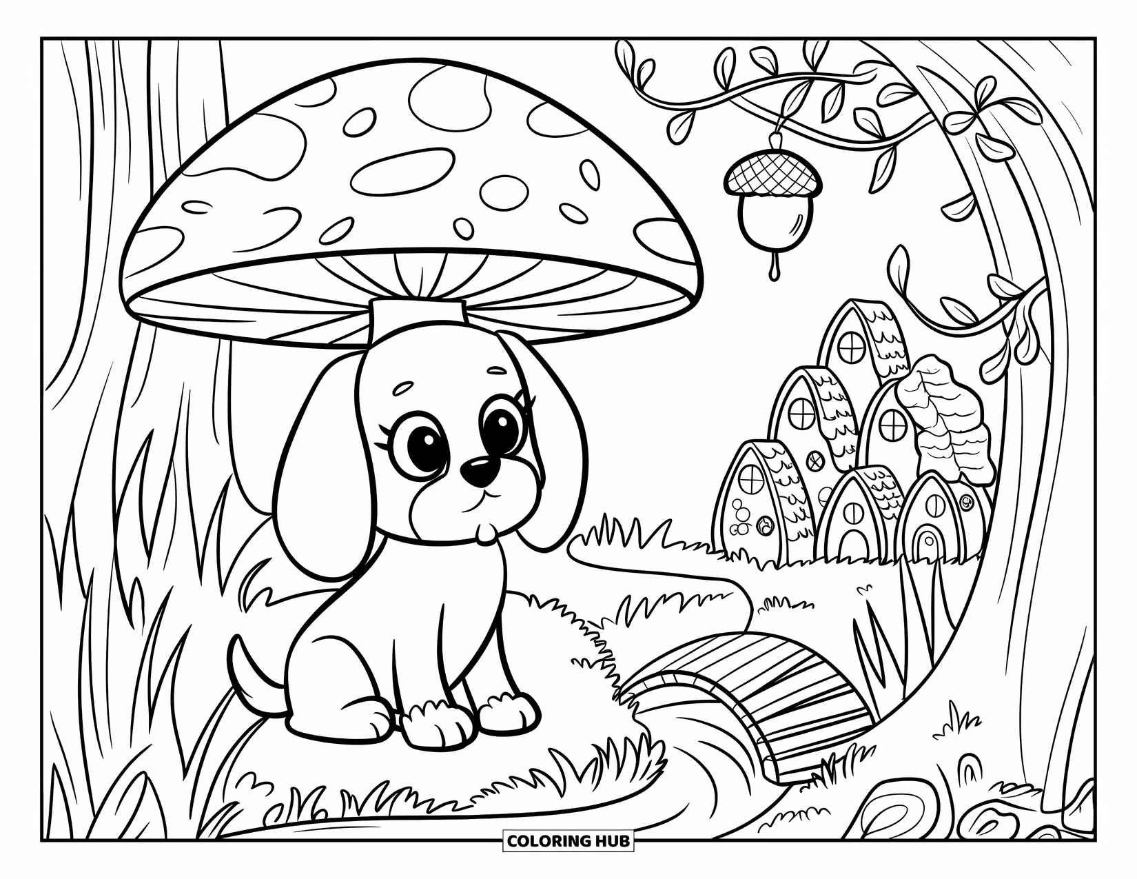 Puppy Coloring Page for Adults: A Beagle puppy sits under a mushroom, surrounded by tiny fairy garden houses