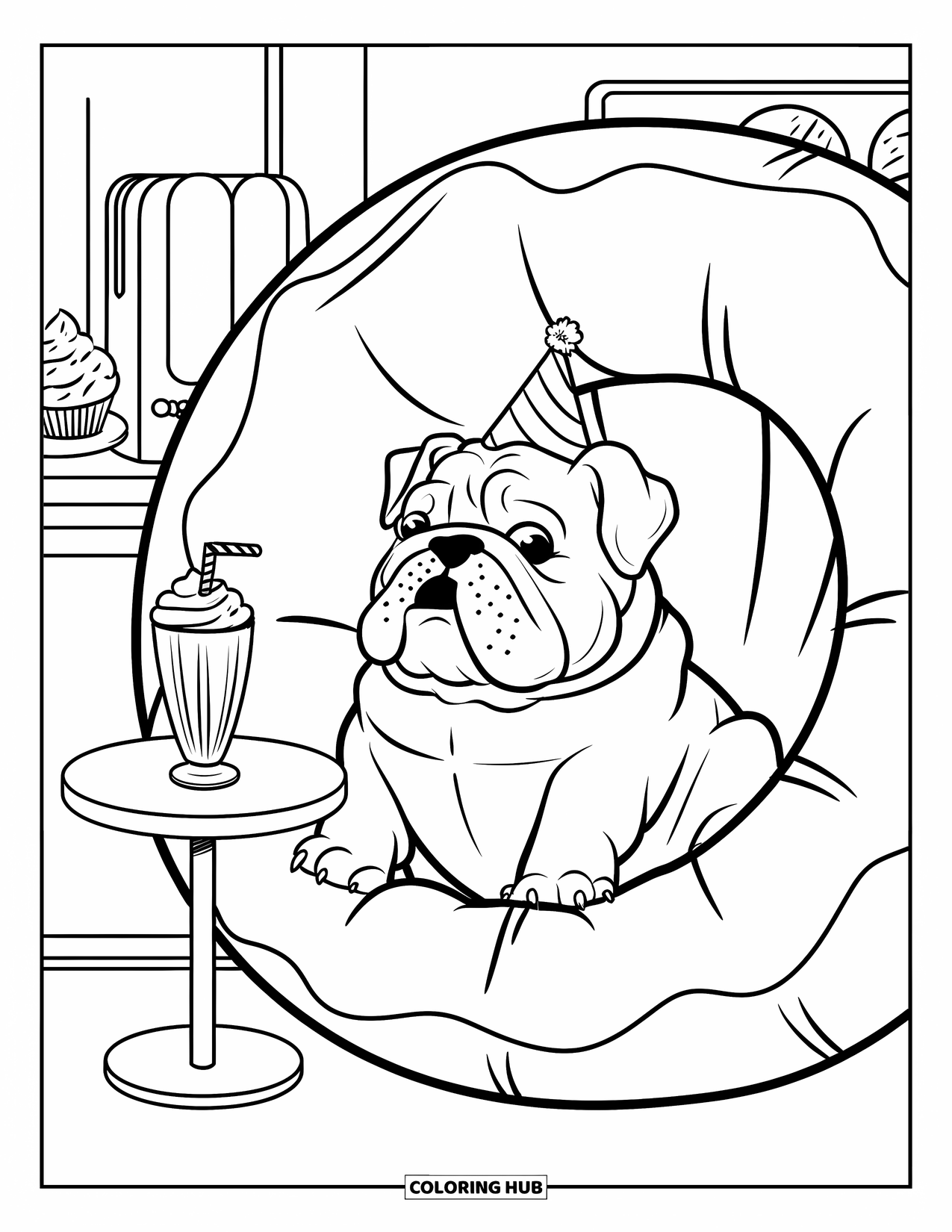 Puppy Coloring Page for Adults: A Bulldog puppy enjoys a sweet treat, relaxing in a cozy donut-shaped seat