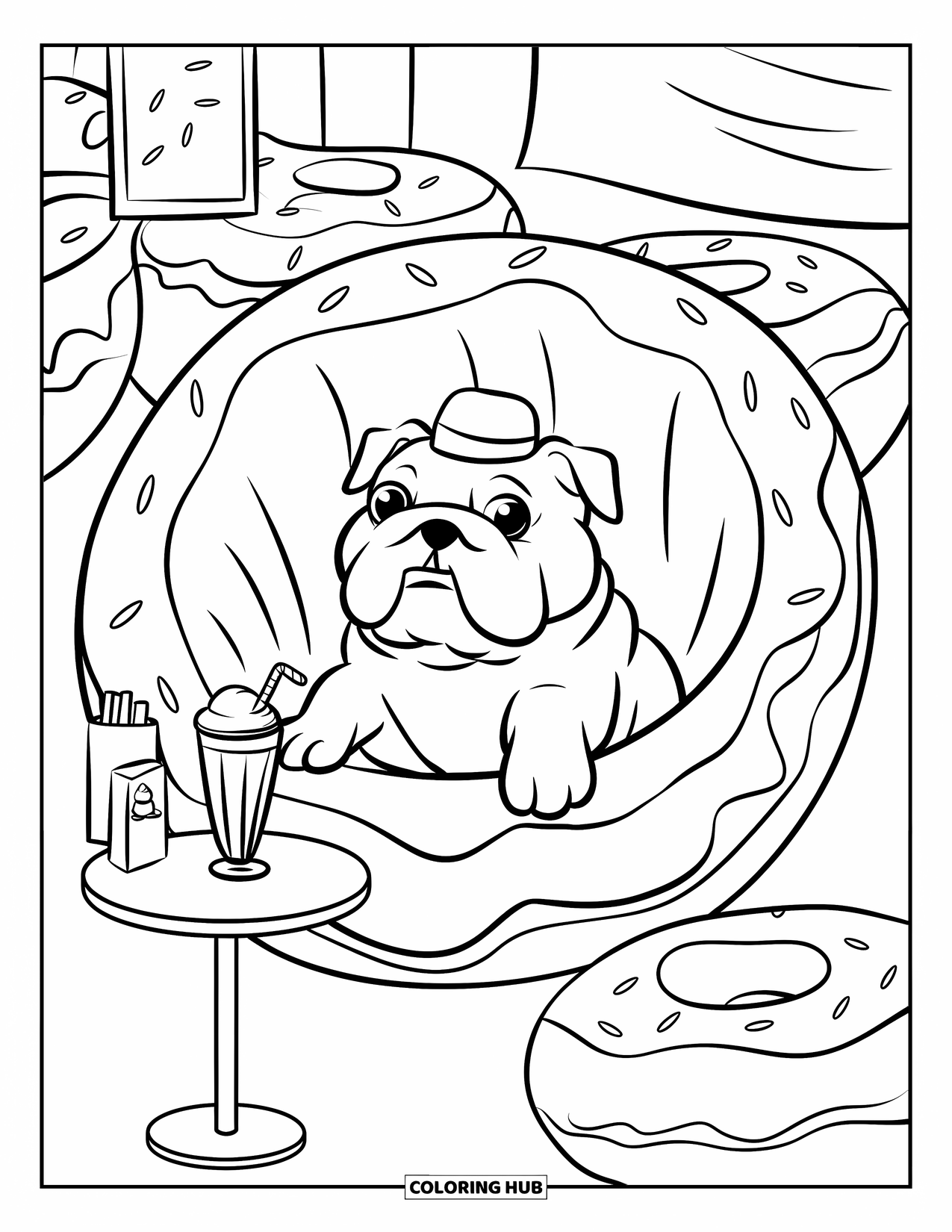 Puppy Coloring Page for Adults: A Bulldog puppy sips a milkshake while lounging in a donut-themed dessert shop