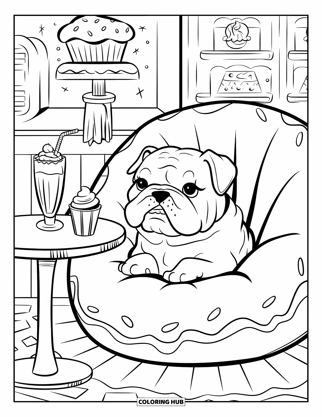 Puppy Coloring Page for Adults: A chubby Bulldog puppy lounges in a donut-shaped beanbag, sipping a milkshake