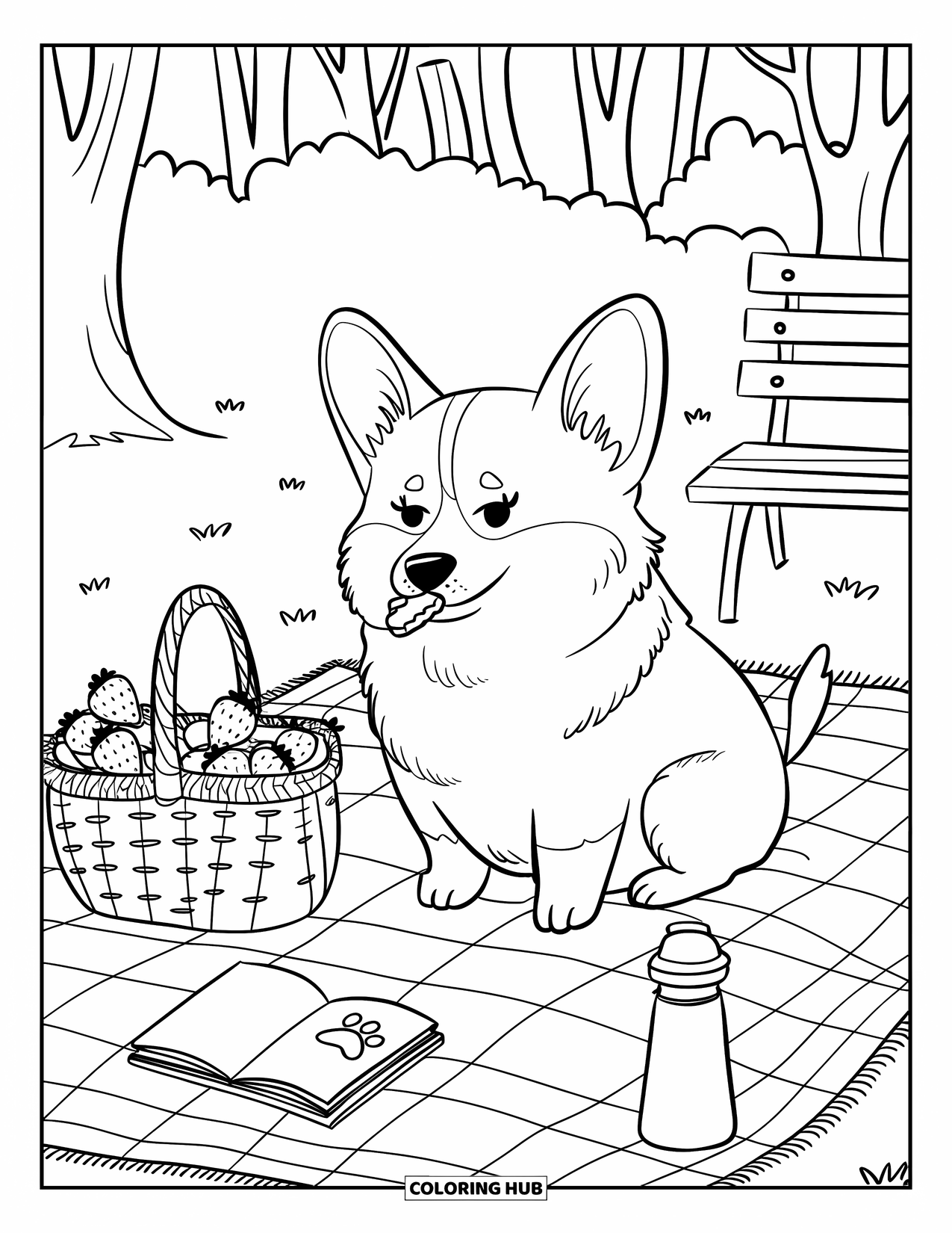 Puppy Coloring Page for Adults: A Corgi puppy sits on a picnic blanket, surrounded by strawberries and a book
