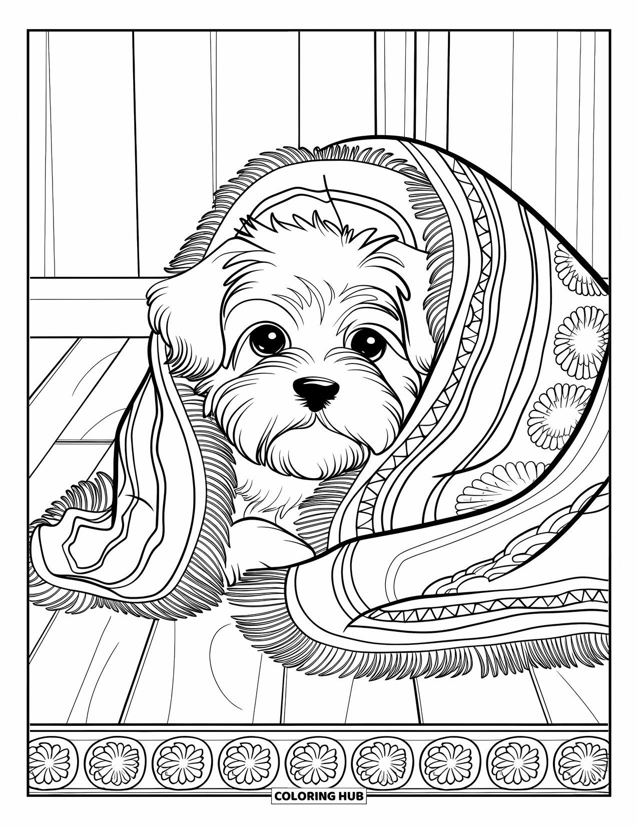 Puppy Coloring Page for Adults: A cozy Maltese puppy rests in a decorative blanket, surrounded by elegant details