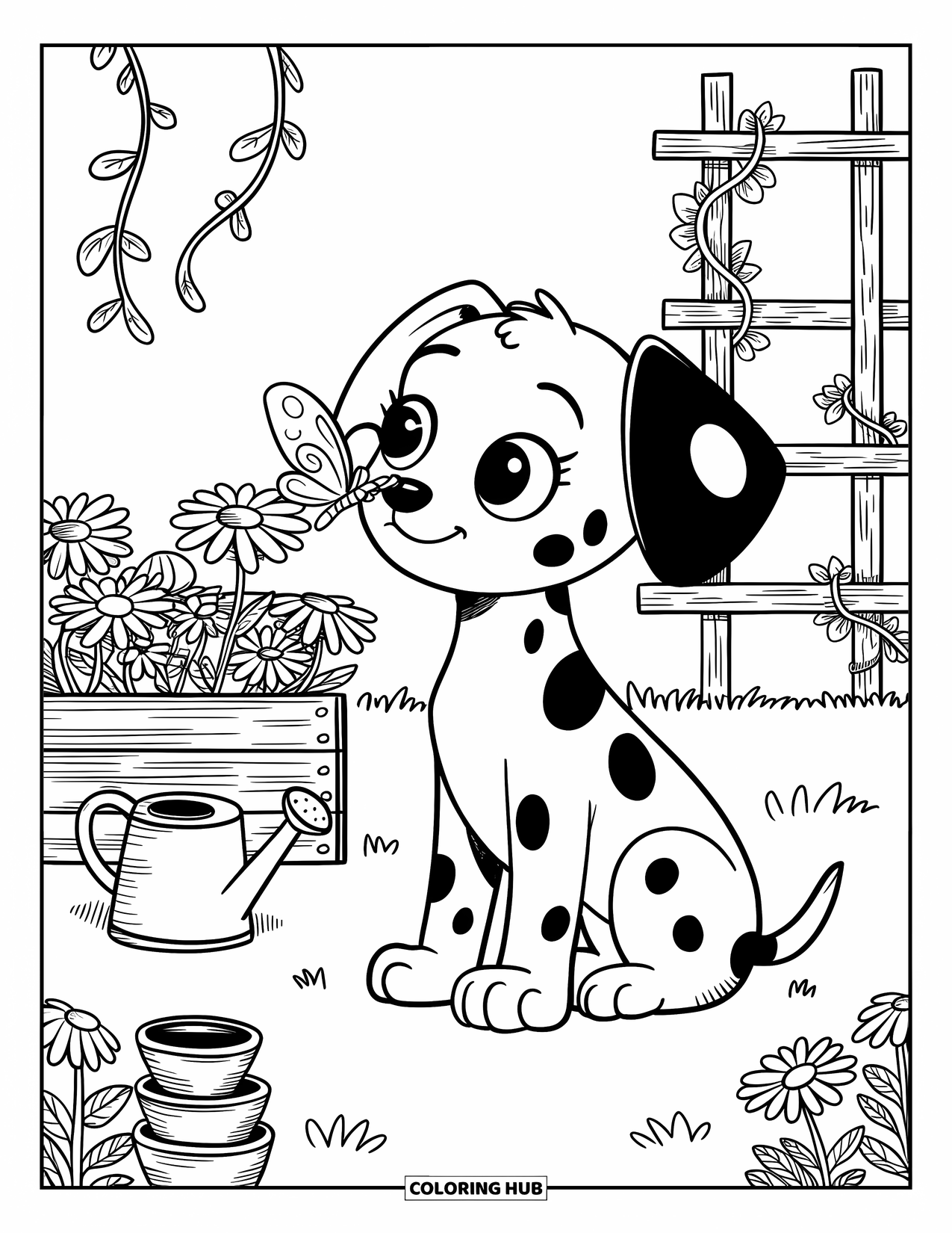 Puppy Coloring Page for Adults: A Dalmatian puppy sits among daisies, a butterfly gently landing on its nose
