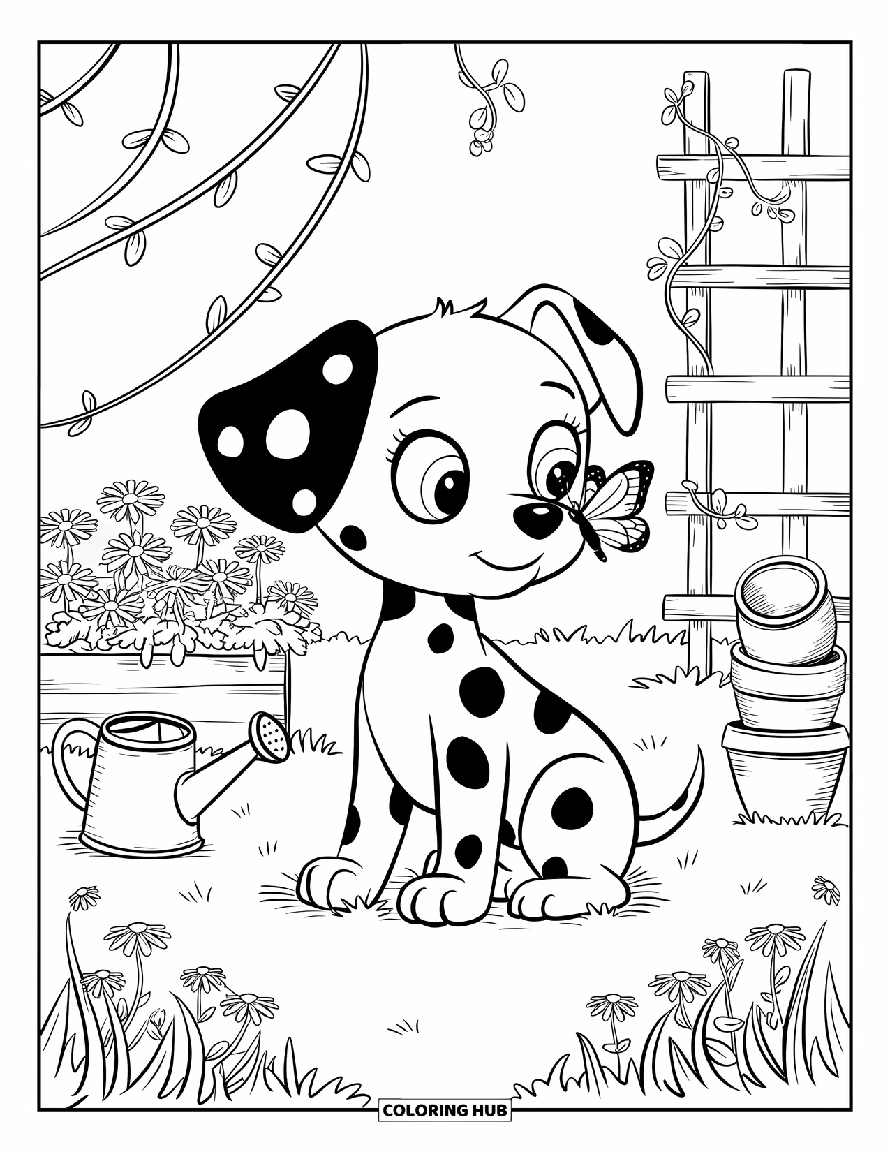 Puppy Coloring Page for Adults: A Dalmatian puppy sits in a flower garden, watching a butterfly on its nose