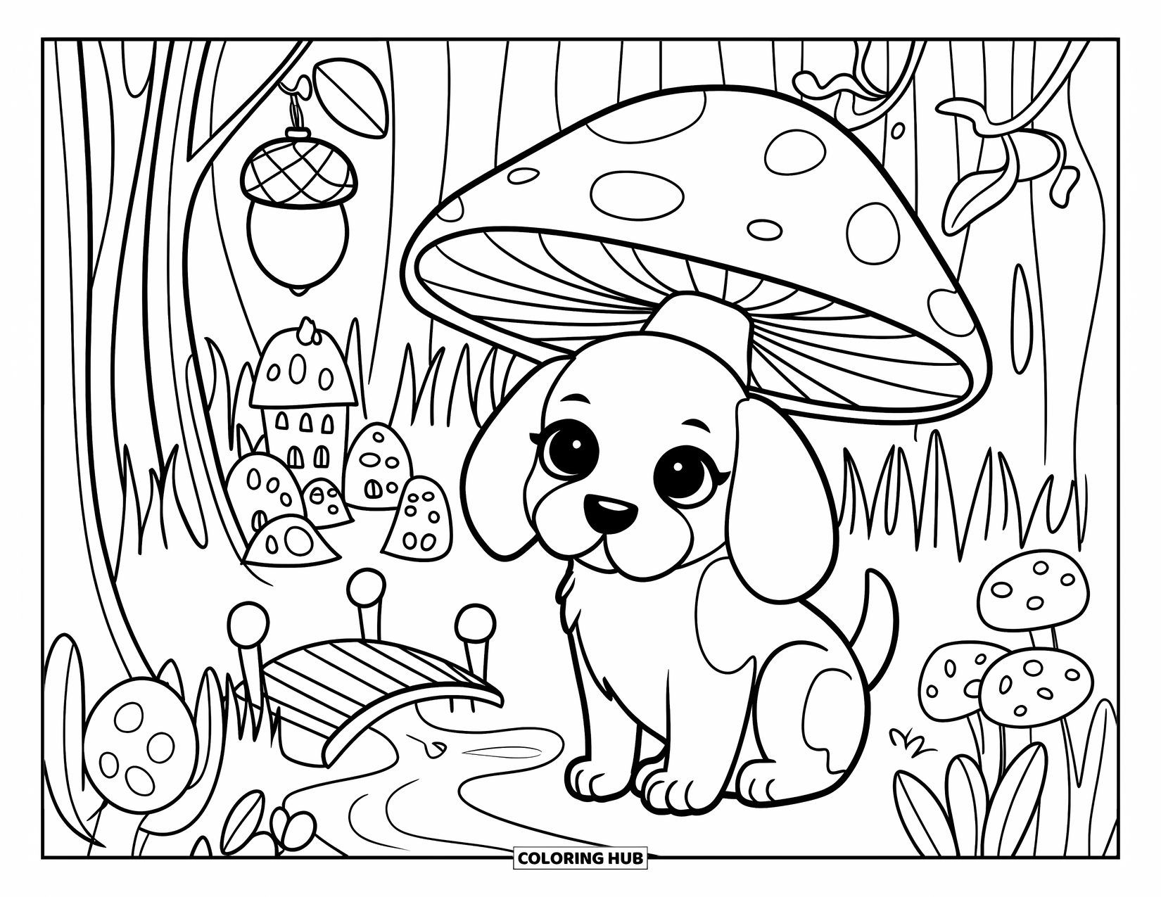 Puppy Coloring Page for Adults: A floppy-eared Beagle puppy relaxes beneath a mushroom in a magical fairy garden