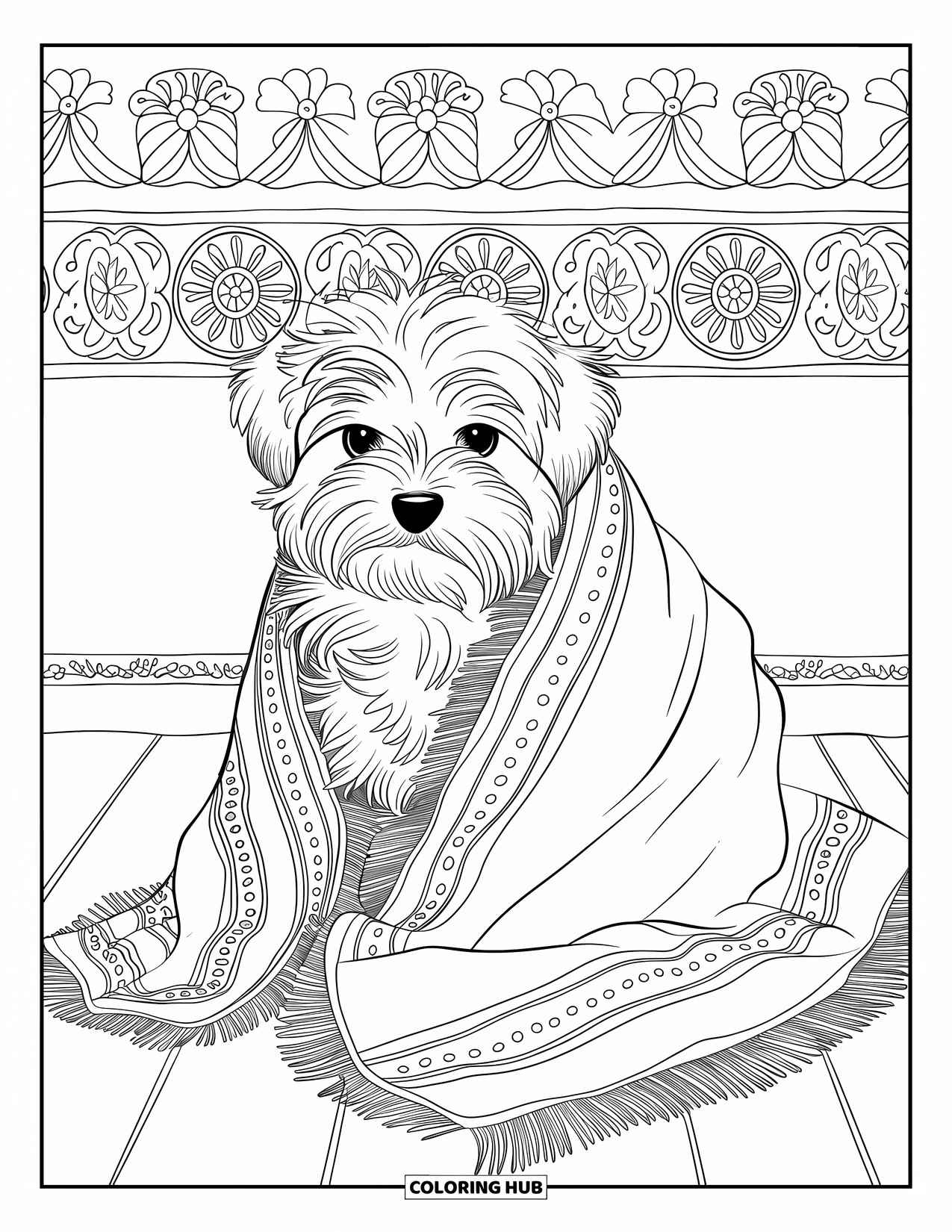 Puppy Coloring Page for Adults: A fluffy Maltese puppy snuggles in a patterned blanket, framed by floral designs