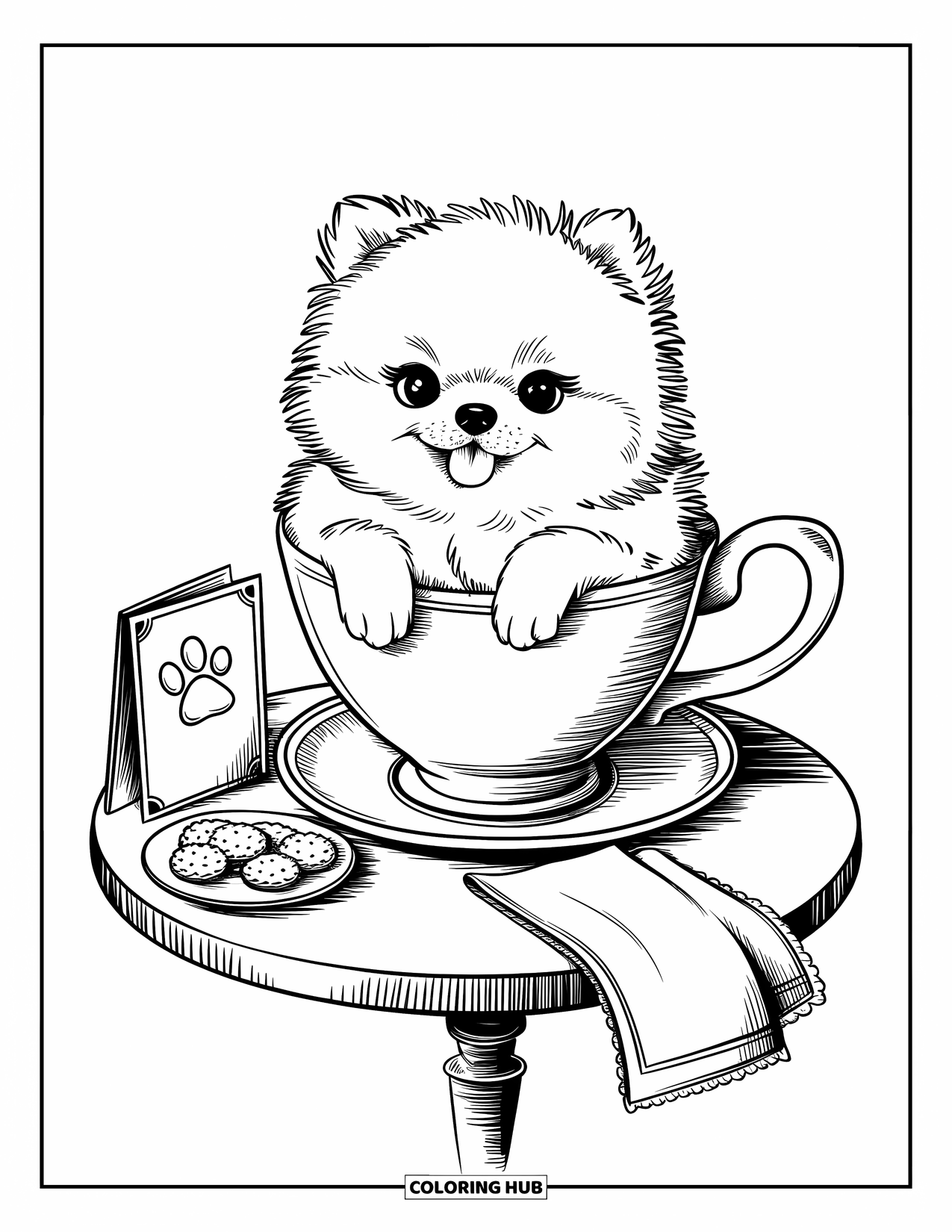 Puppy Coloring Page for Adults: A fluffy Pomeranian puppy sits inside a giant teacup, looking extra adorable