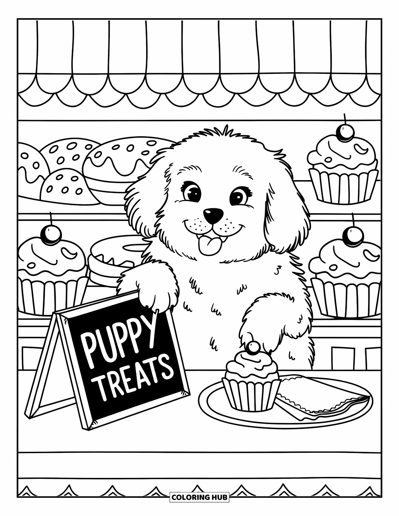 Puppy Coloring Page for Adults: A fluffy Retriever puppy stands on its hind legs, eyeing a tray of puppy treats