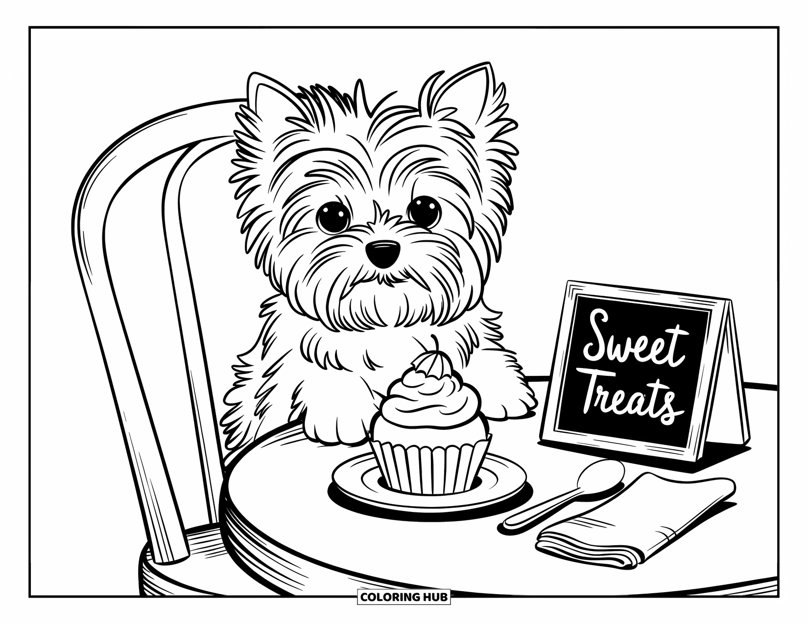 Puppy Coloring Page for Adults: A fluffy Yorkie puppy rests its paws on a cafÈ table beside a sweet cupcake