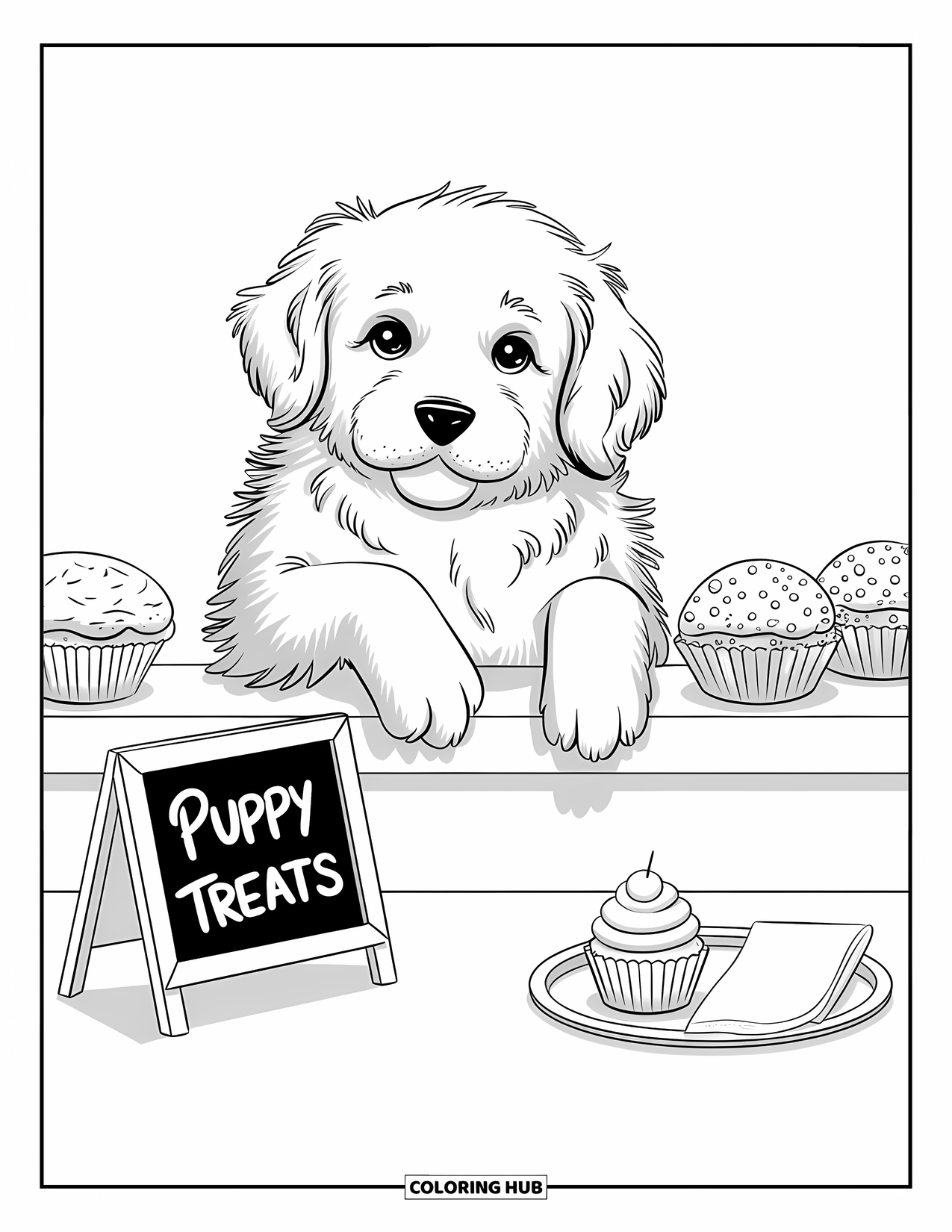 Puppy Coloring Page for Adults: A Golden Retriever puppy peeks over a bakery counter, sniffing delicious pastries