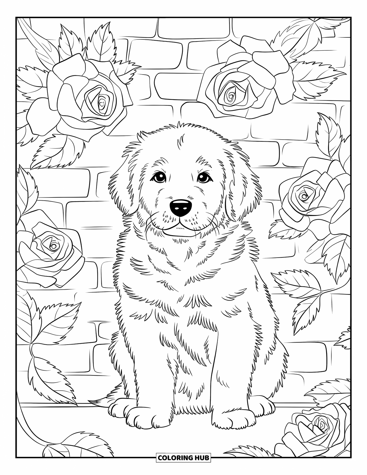 Puppy Coloring Page for Adults: A Golden Retriever puppy sits among roses, framed by elegant floral patterns