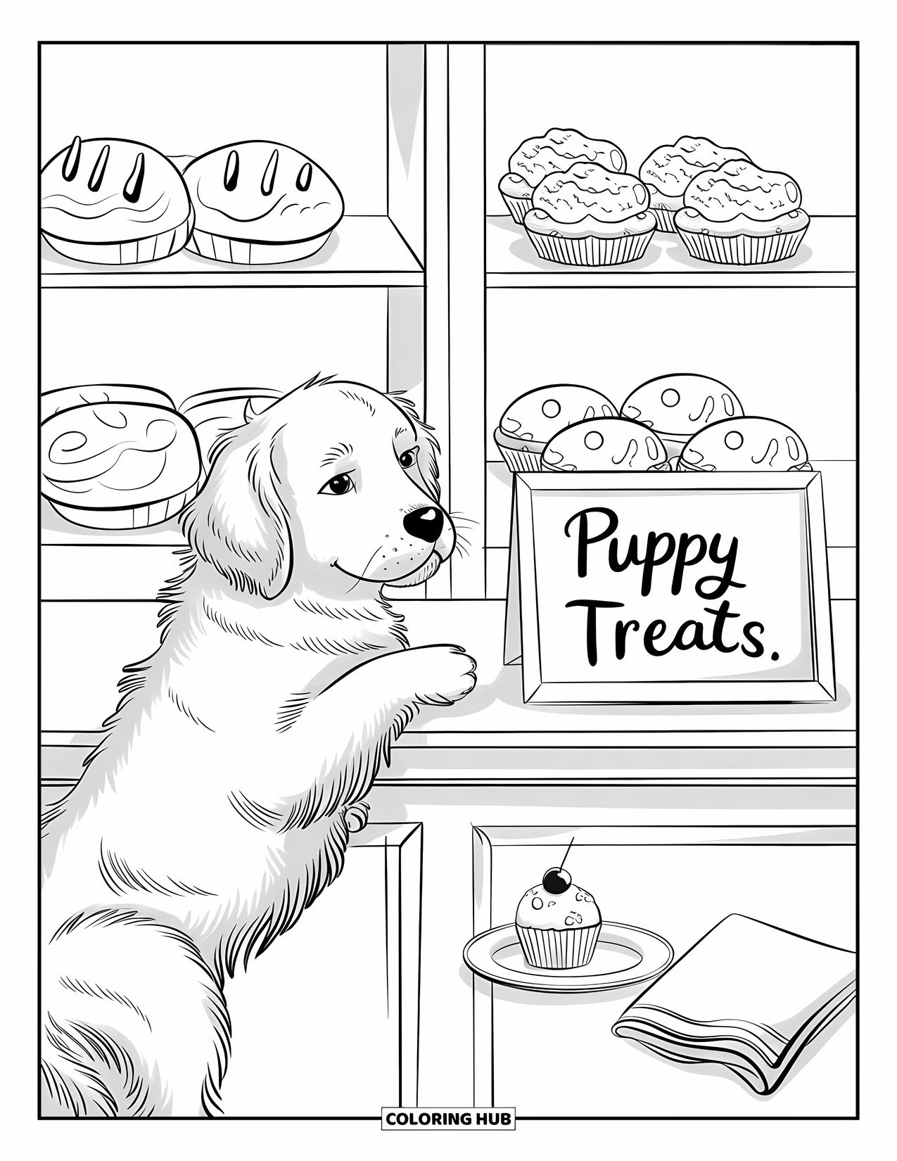 Puppy Coloring Page for Adults: A Golden Retriever puppy watches a bakery display filled with delicious pastries