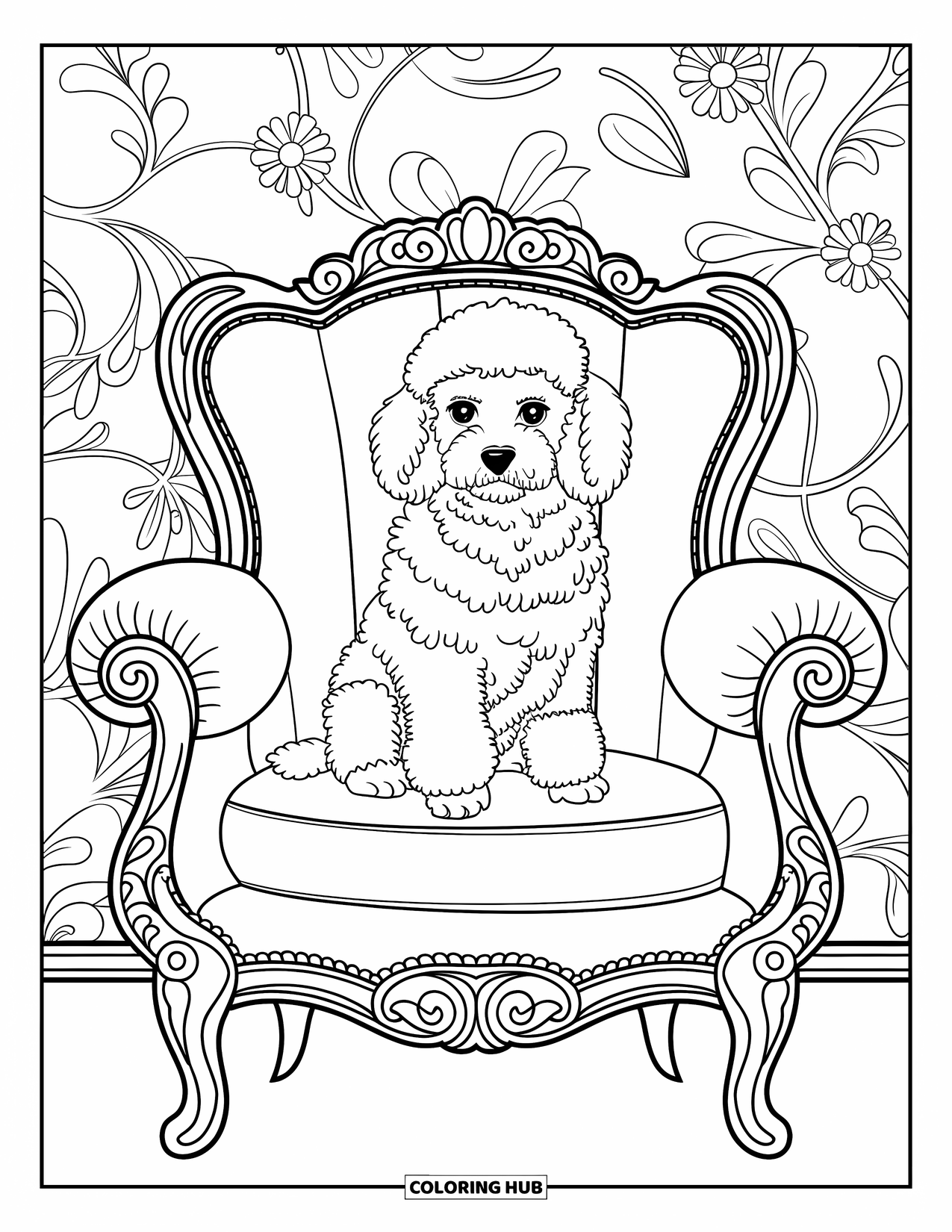 Puppy Coloring Page for Adults: A graceful Poodle puppy rests in a sophisticated chair with intricate details