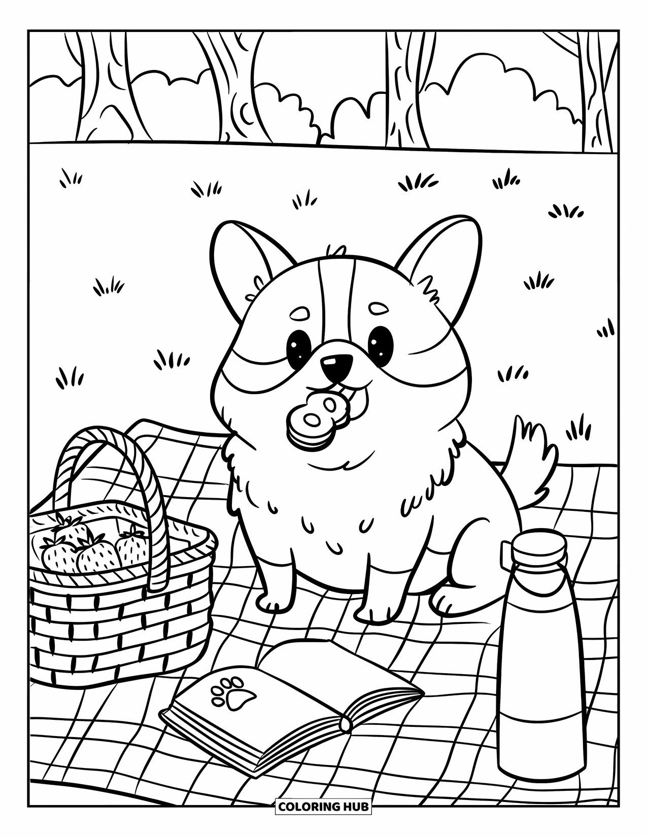 Puppy Coloring Page for Adults: A happy Corgi puppy wags its tail while enjoying a snack in the park