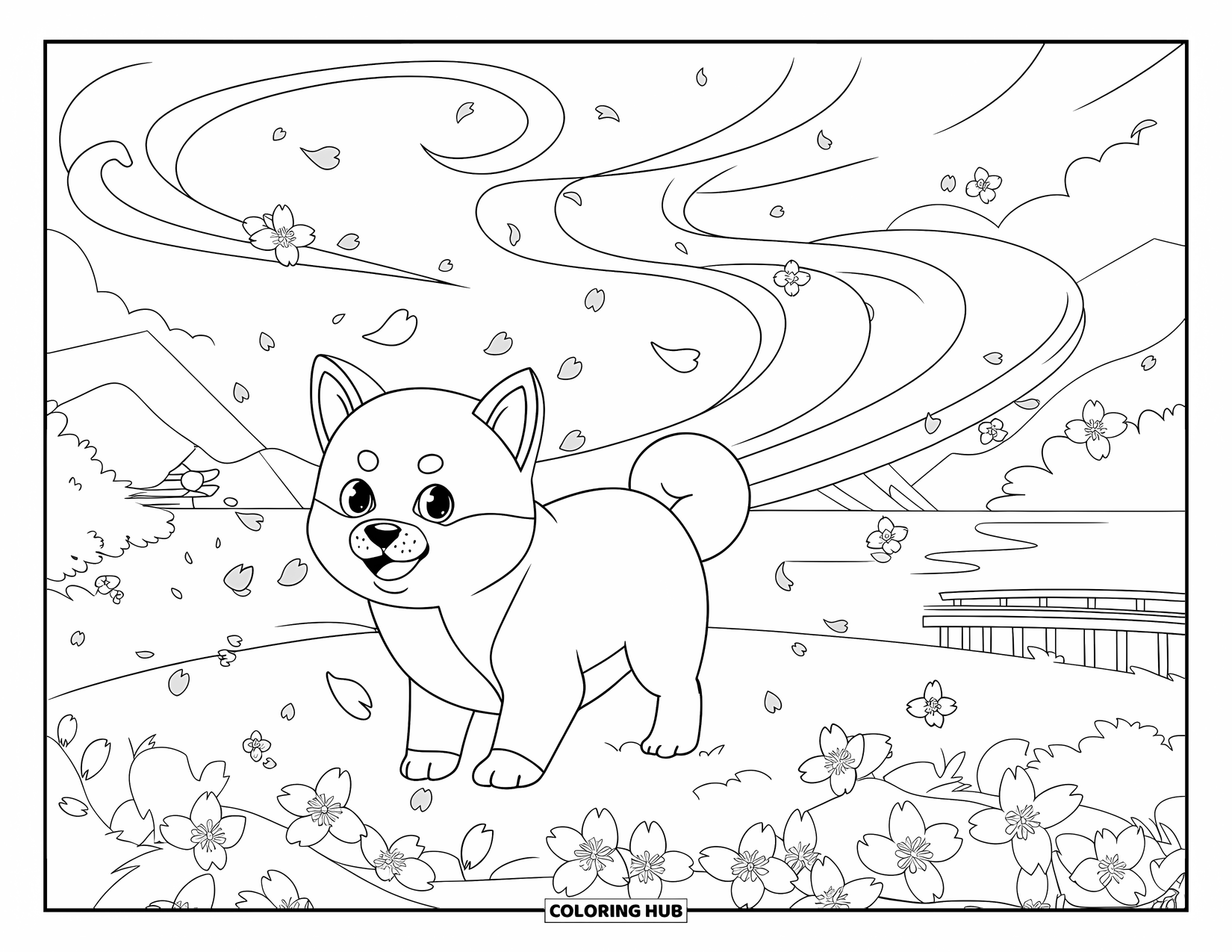 Puppy Coloring Page for Adults: A joyful Shiba Inu puppy runs through cherry blossoms, with mountains in the background