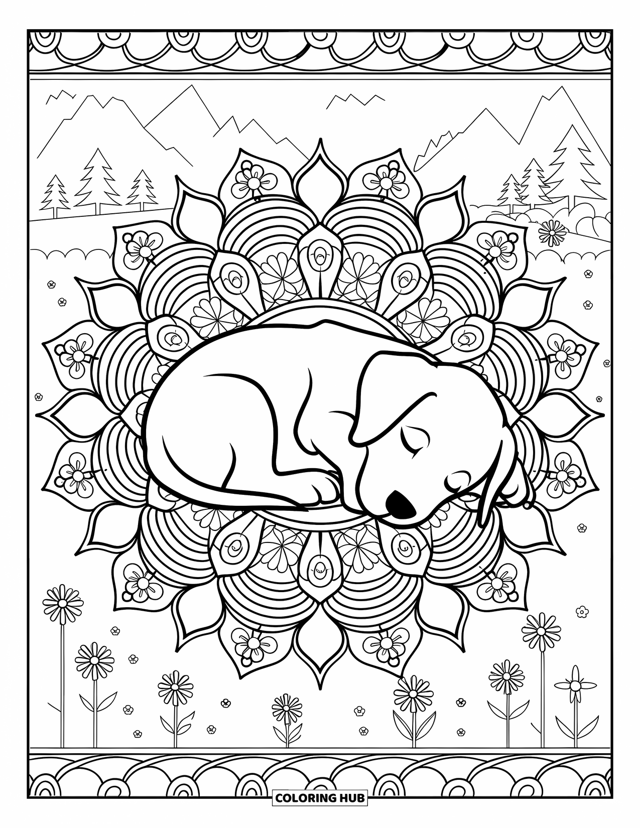 Puppy Coloring Page for Adults: A Labrador Retriever puppy sleeps peacefully, nestled within a mandala-style floral design
