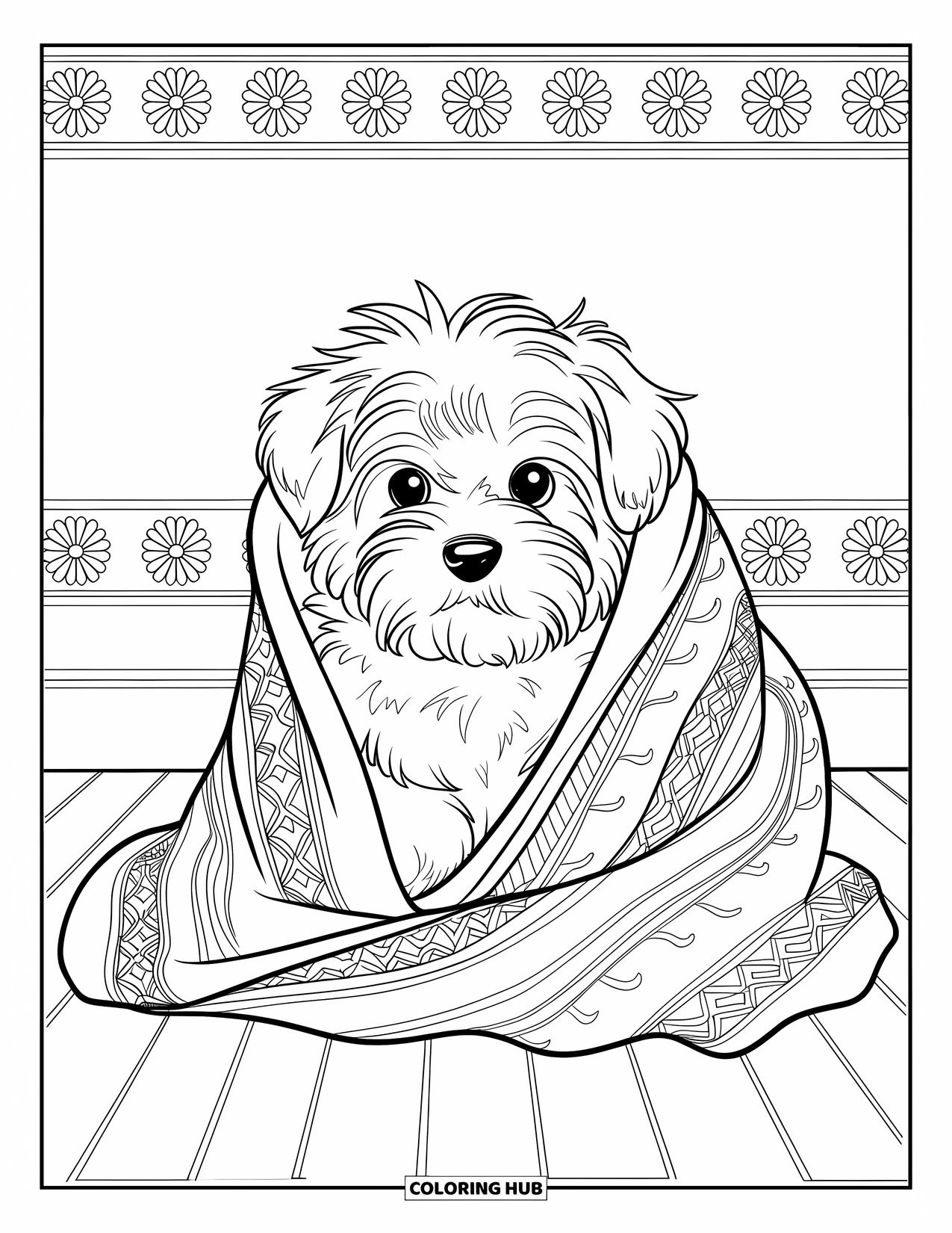 Puppy Coloring Page for Adults: A Maltese puppy sits wrapped in a blanket with intricate patterns on a wooden floor