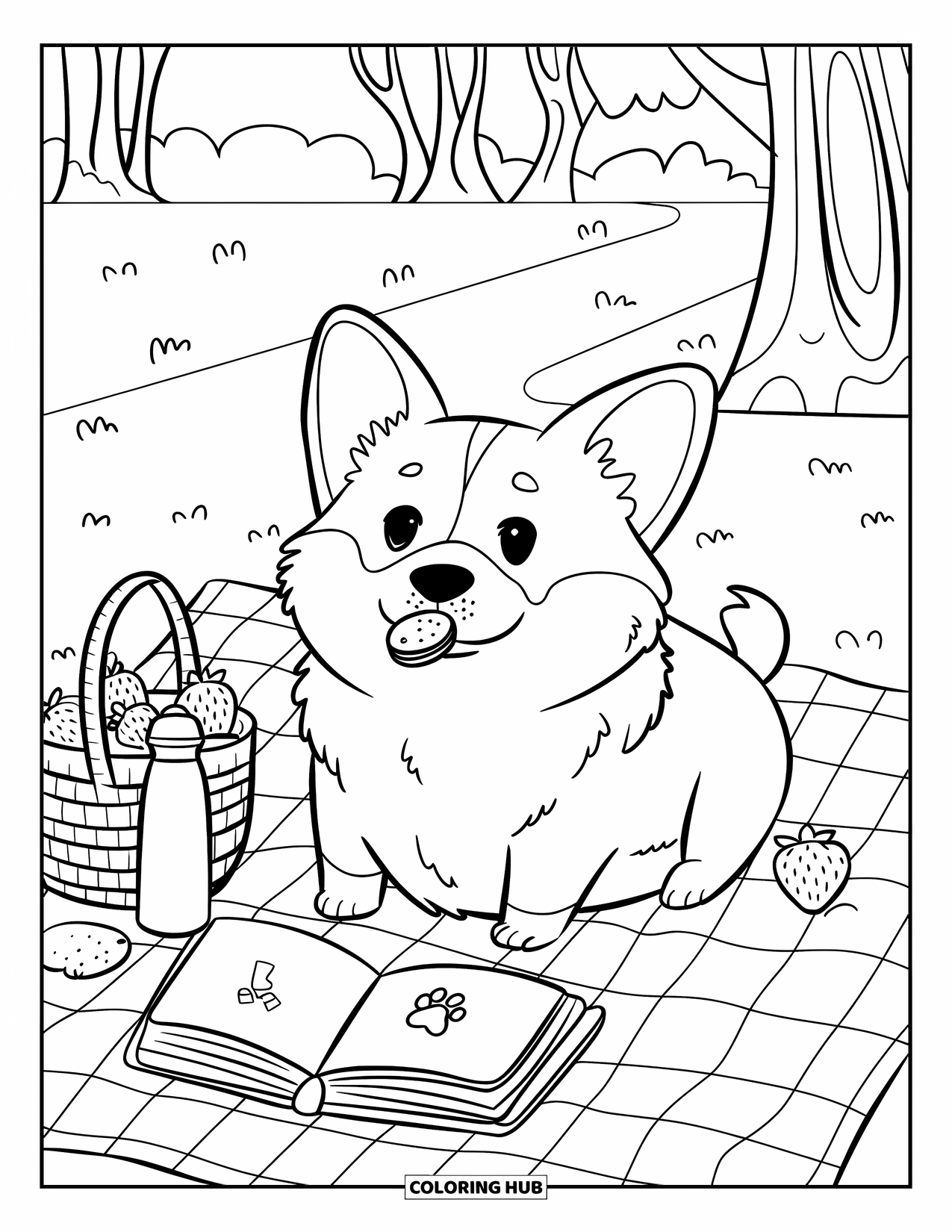 Puppy Coloring Page for Adults: A playful Corgi puppy munches on a biscuit beside a picnic basket full of treats