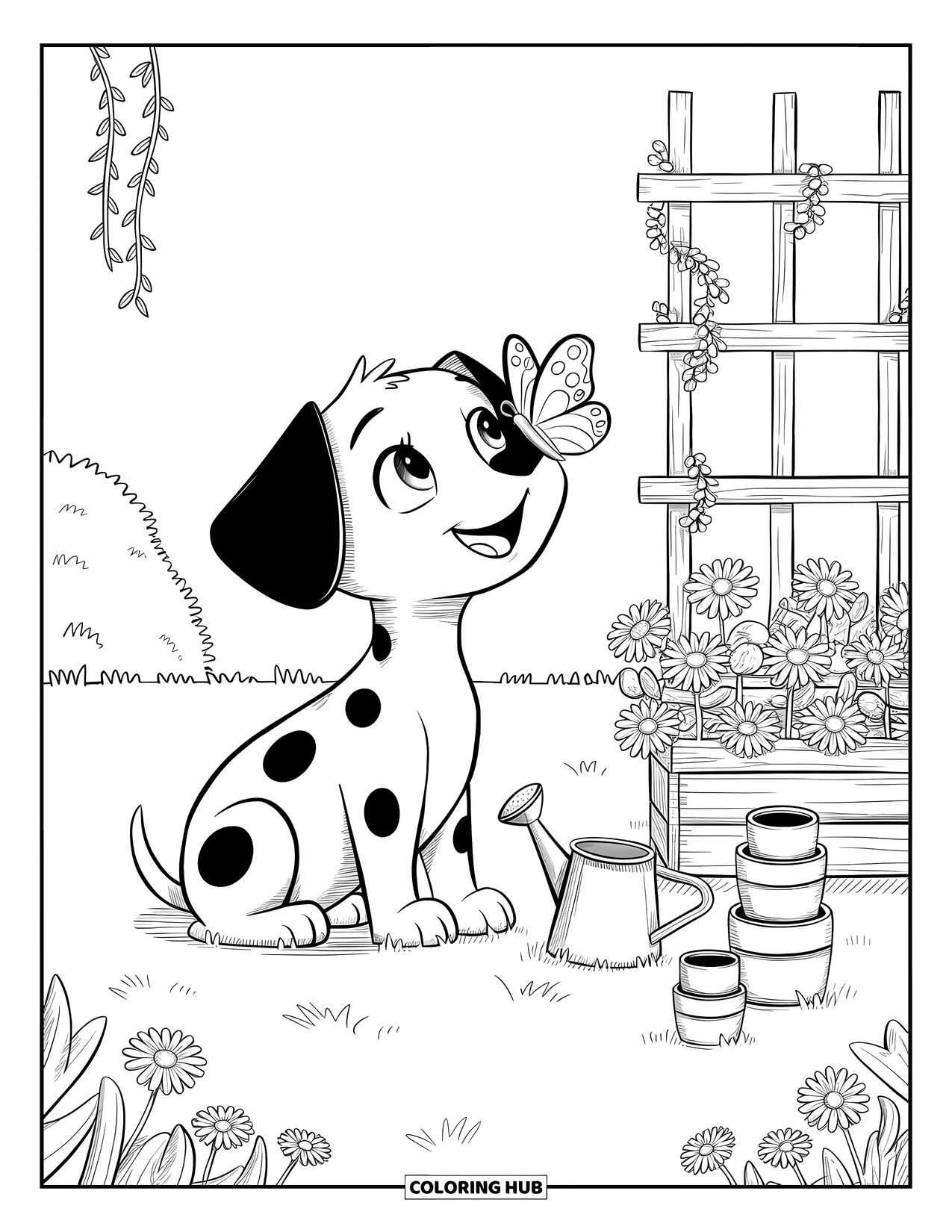 Puppy Coloring Page for Adults: A playful Dalmatian puppy watches a butterfly in a peaceful flower garden