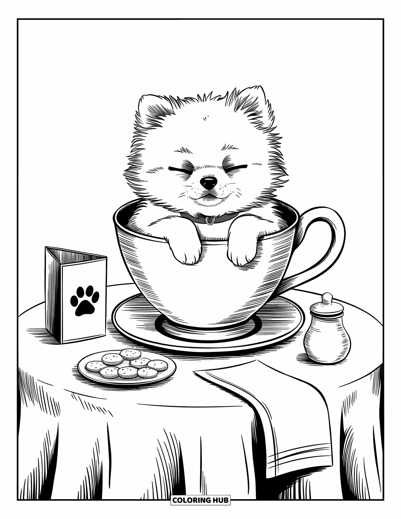 Puppy Coloring Page for Adults: A playful Pomeranian puppy enjoys a cozy cafÈ moment inside a giant teacup