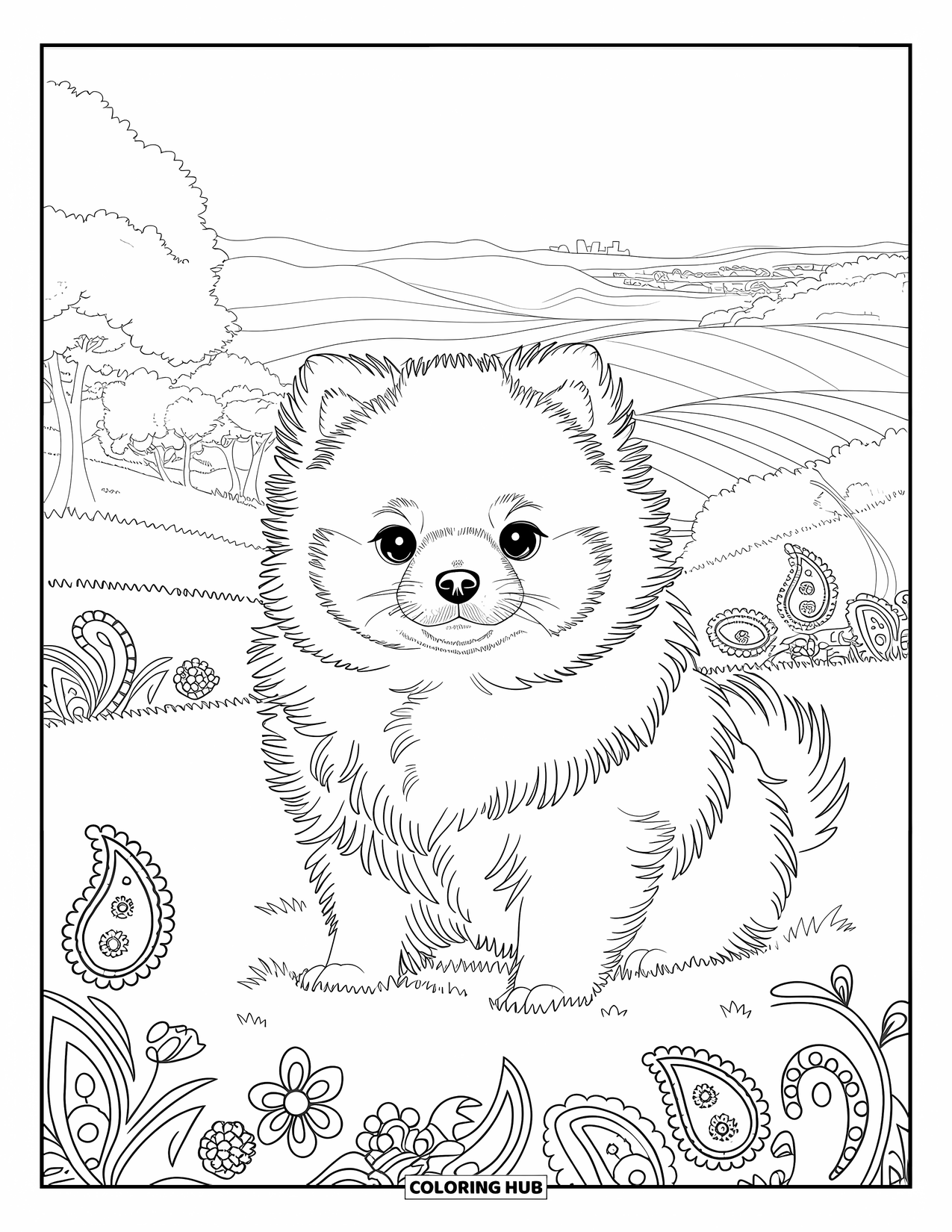 Puppy Coloring Page for Adults: A playful Pomeranian puppy sits in an artistic landscape filled with delicate details