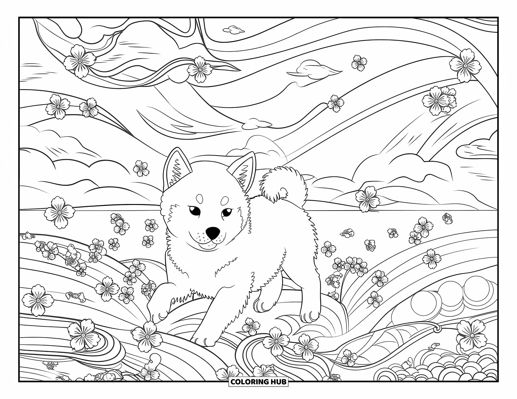 Puppy Coloring Page for Adults: A playful Shiba Inu puppy frolics among swirling cherry blossoms in a serene landscape