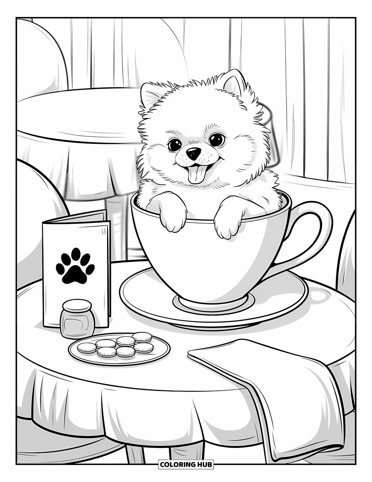 Puppy Coloring Page for Adults: A Pomeranian puppy peeks out from a giant teacup, wagging its fluffy tail