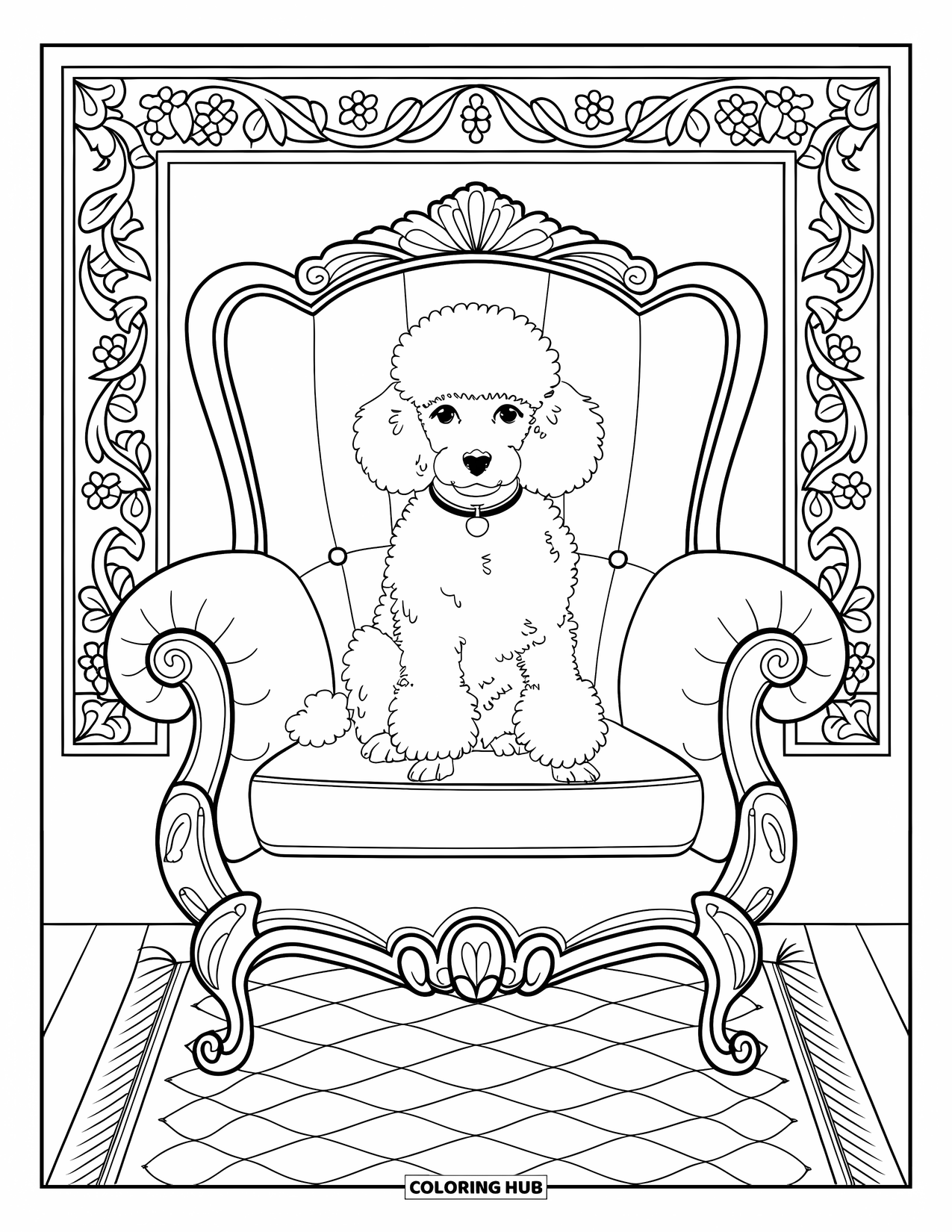 Puppy Coloring Page for Adults: A Poodle puppy lounges on an elegant chair, surrounded by decorative patterns