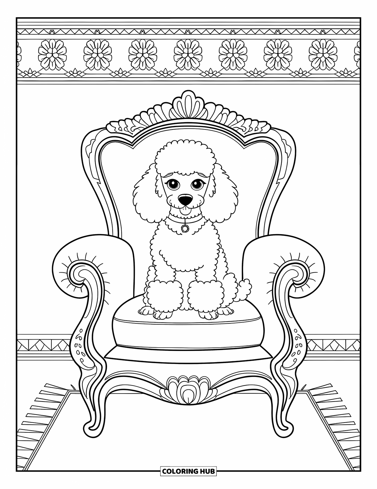Puppy Coloring Page for Adults: A regal Poodle puppy sits in an ornate armchair with detailed carvings and floral designs