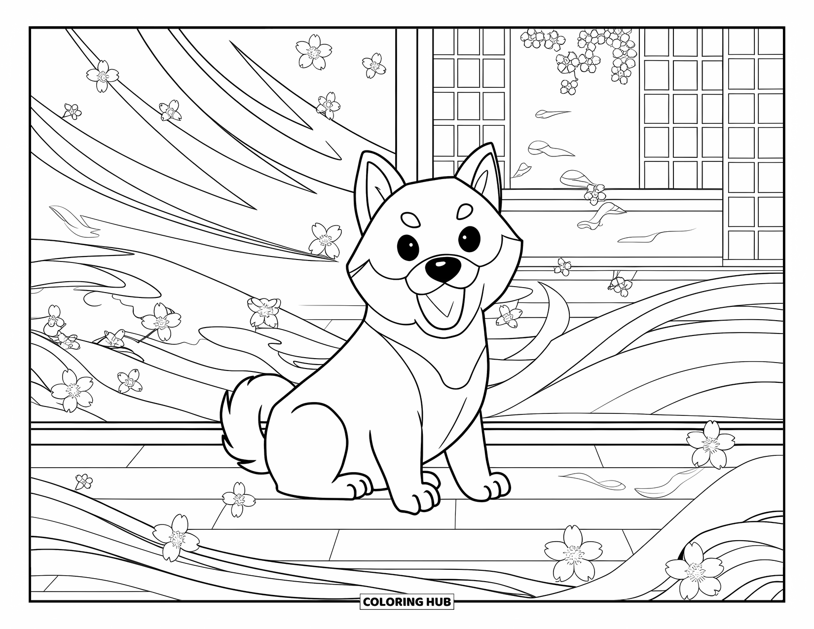 Puppy Coloring Page for Adults: A Shiba Inu puppy plays with falling cherry blossoms in a traditional Japanese setting