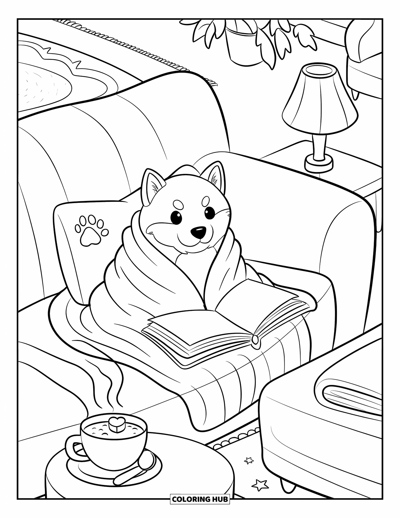 Puppy Coloring Page for Adults: A Shiba Inu puppy snuggles in a blanket, enjoying a cozy moment on the couch