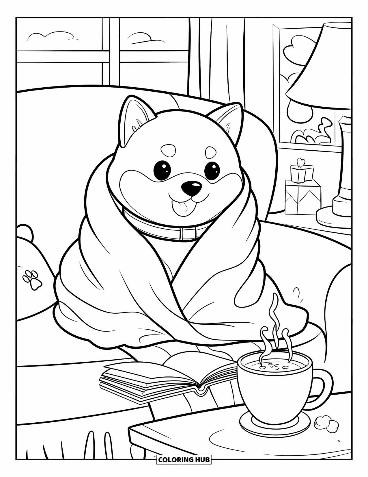 Puppy Coloring Page for Adults: A sleepy Shiba Inu puppy relaxes on a couch, cuddled in a fluffy blanket