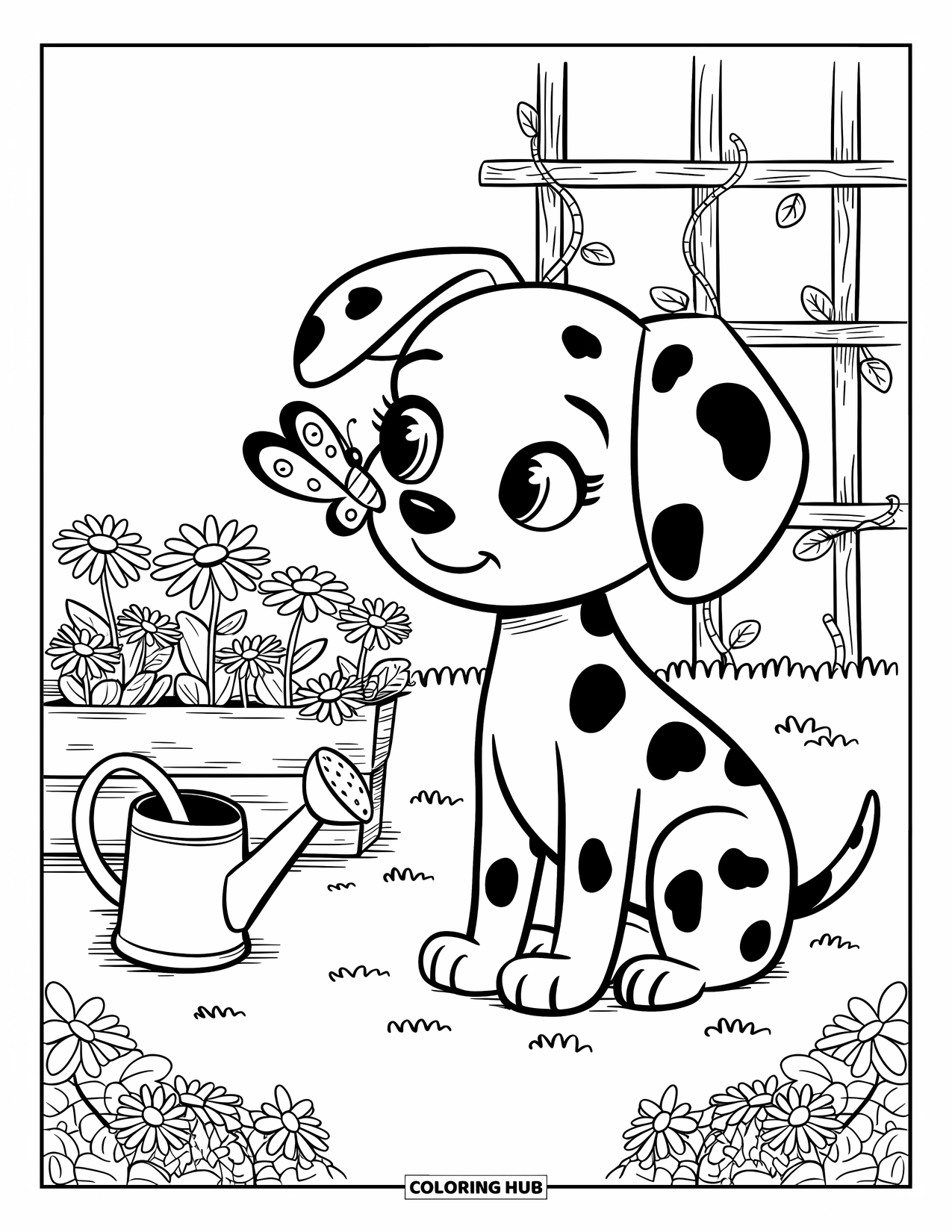 Puppy Coloring Page for Adults: A spotted Dalmatian puppy curiously observes a butterfly perched on its snout